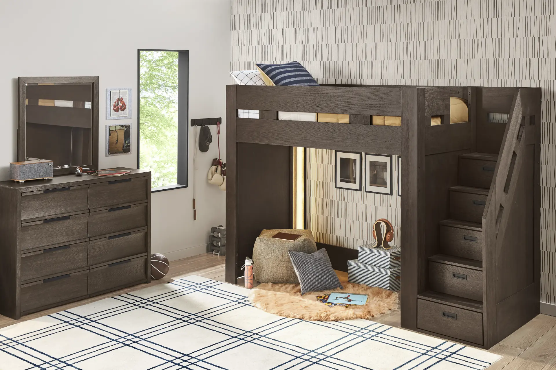 Kids Sierra Summit Brown Oak Twin Step Loft Bed with 2 Closed End Panels