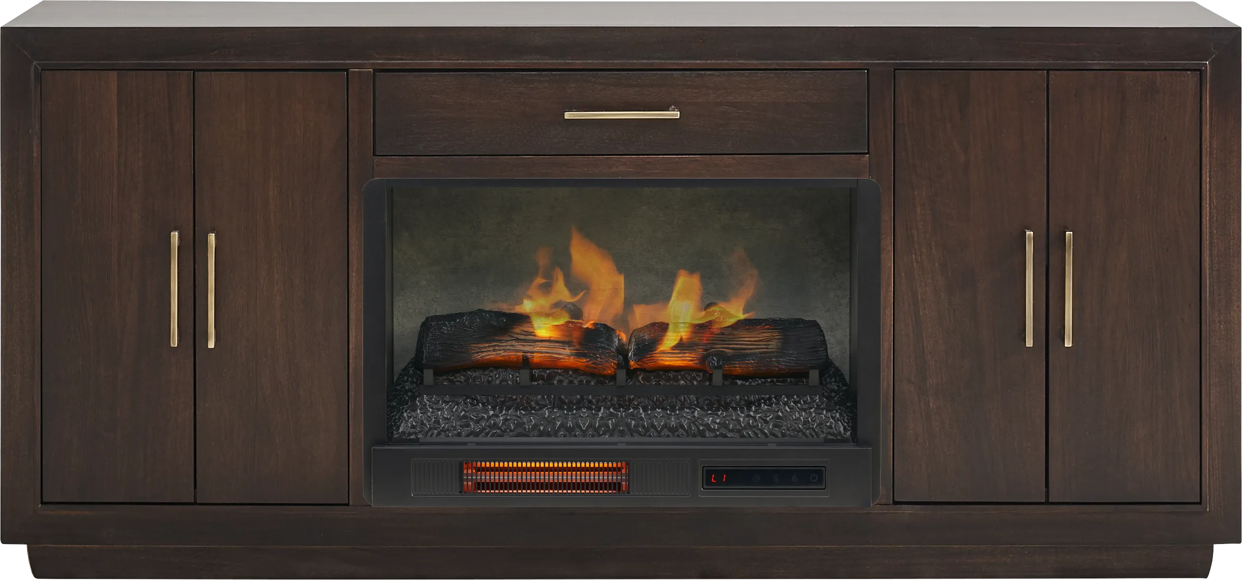 Grantham Brown 66 in. Console with Electric Log Fireplace - Thumbnail - Image 1