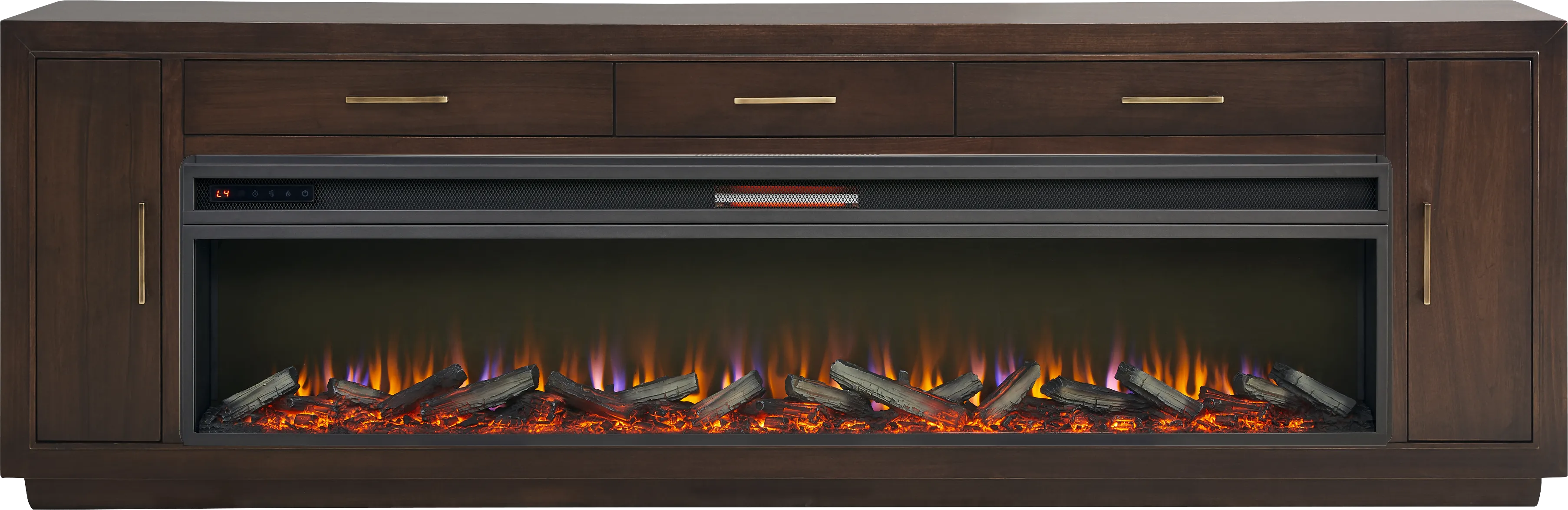 Grantham Brown 94 in. Console with Electric Log Fireplace - Thumbnail - Image 1