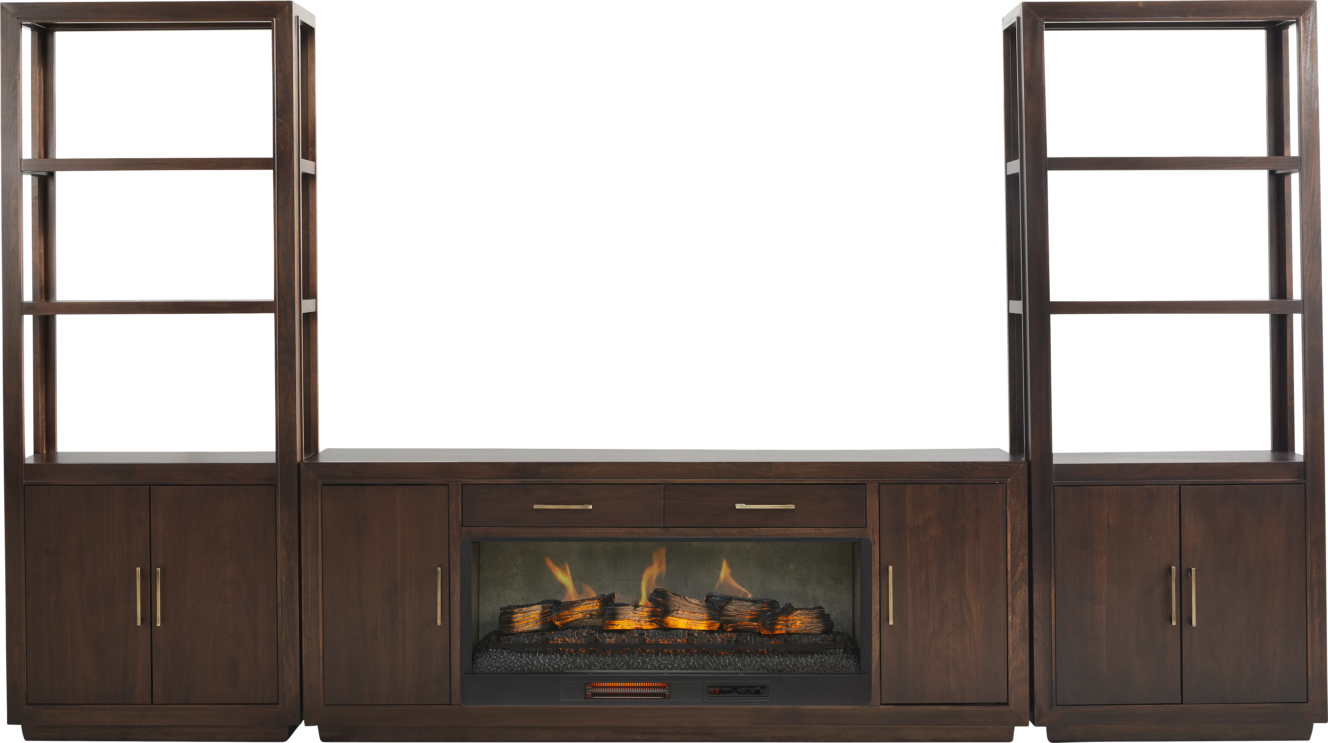 Grantham Brown 4 Pc Wall Unit with 76 in. Console and Electric Log Fireplace - Thumbnail - Image 1