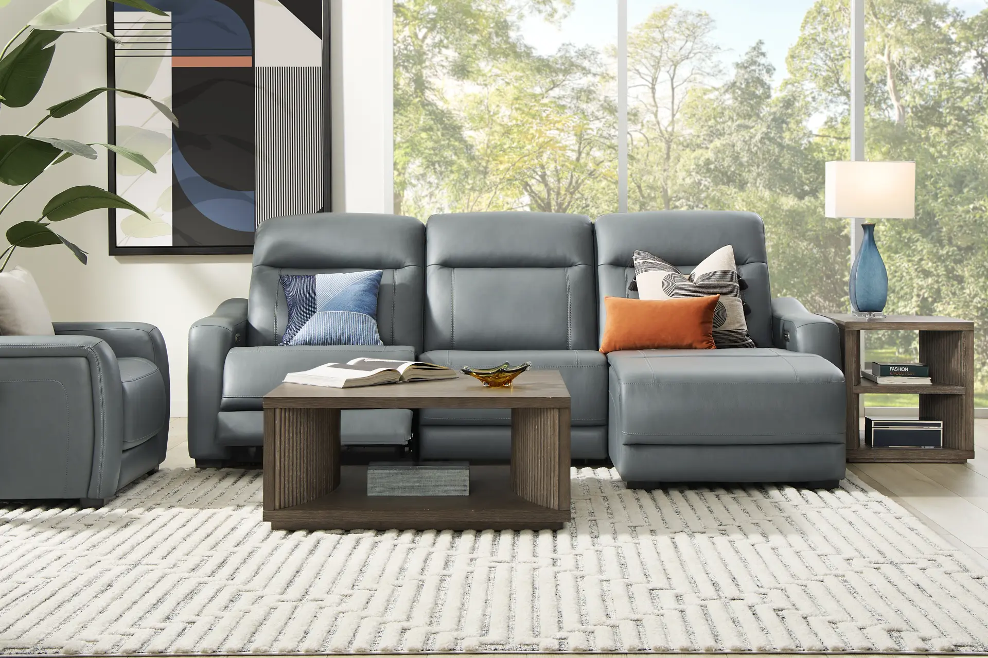 Newport Blue Leather 3 Pc Dual Power Reclining Sectional