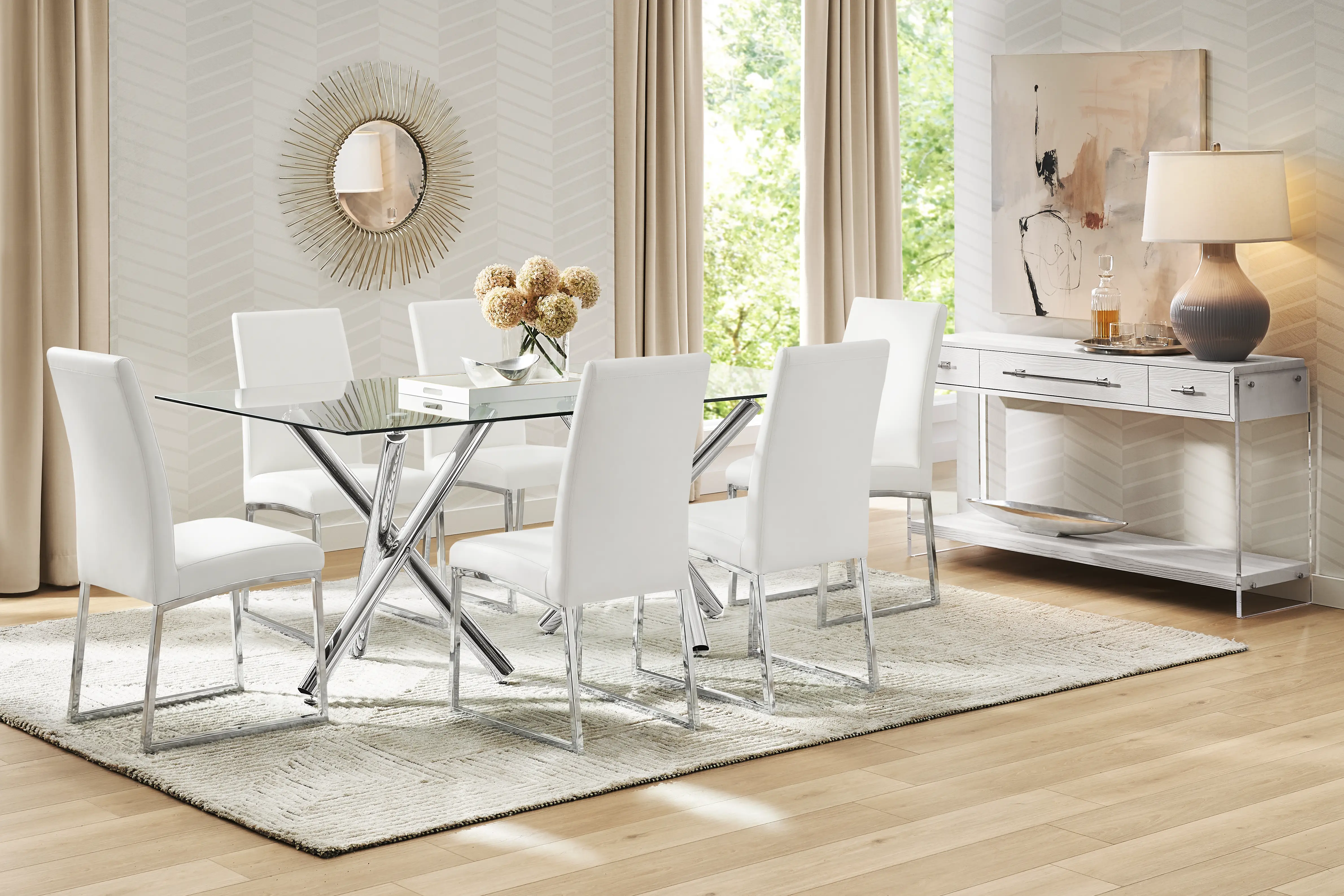 Bastone Silver 7 Pc Dining Room with Off-White Upholstered Chairs - Thumbnail - Image 1