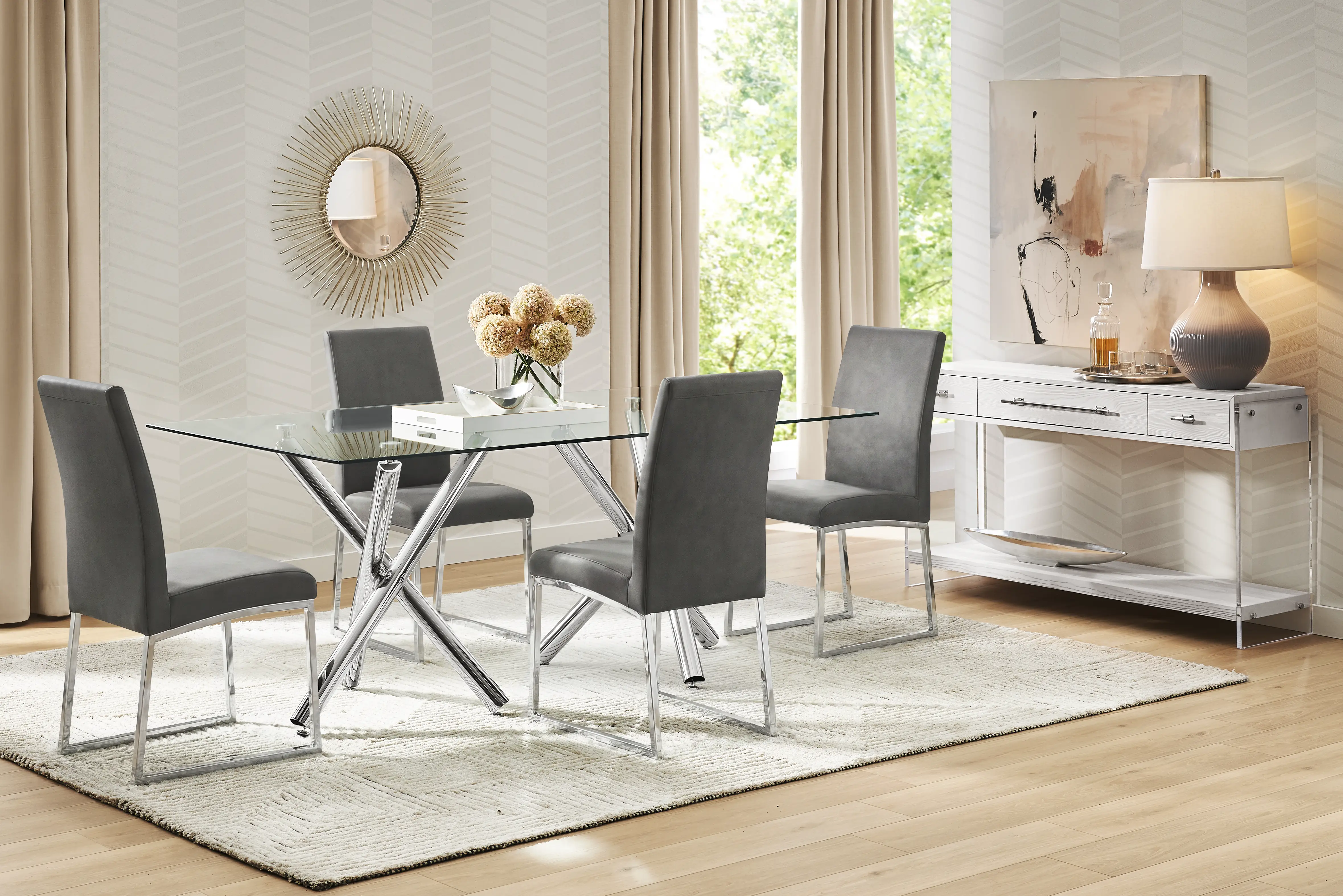 Bastone Silver 5 Pc Dining Room with Charcoal Upholstered Chairs - Thumbnail - Image 1