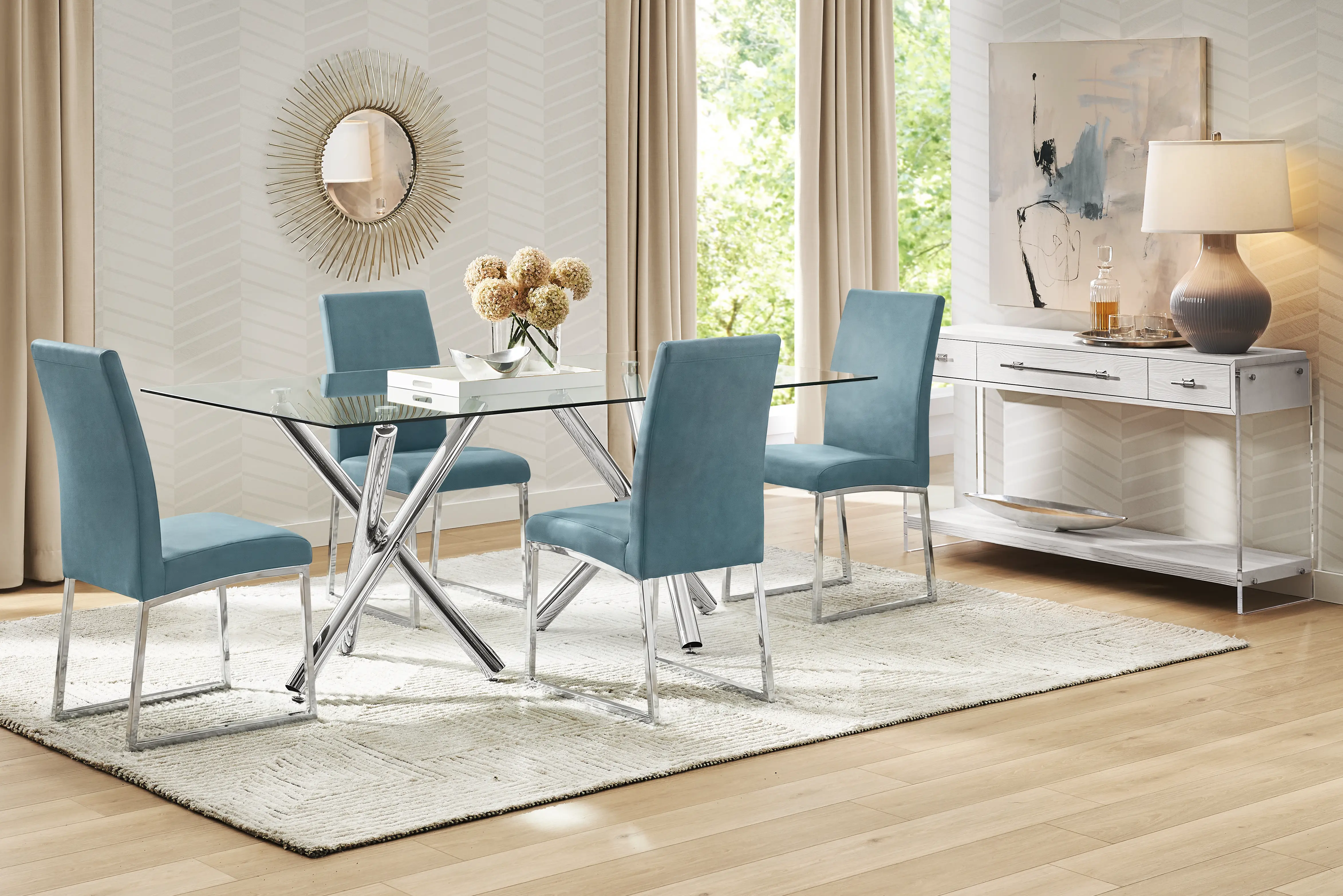 Bastone Silver 5 Pc Dining Room with Blue Upholstered Chairs - Thumbnail - Image 1
