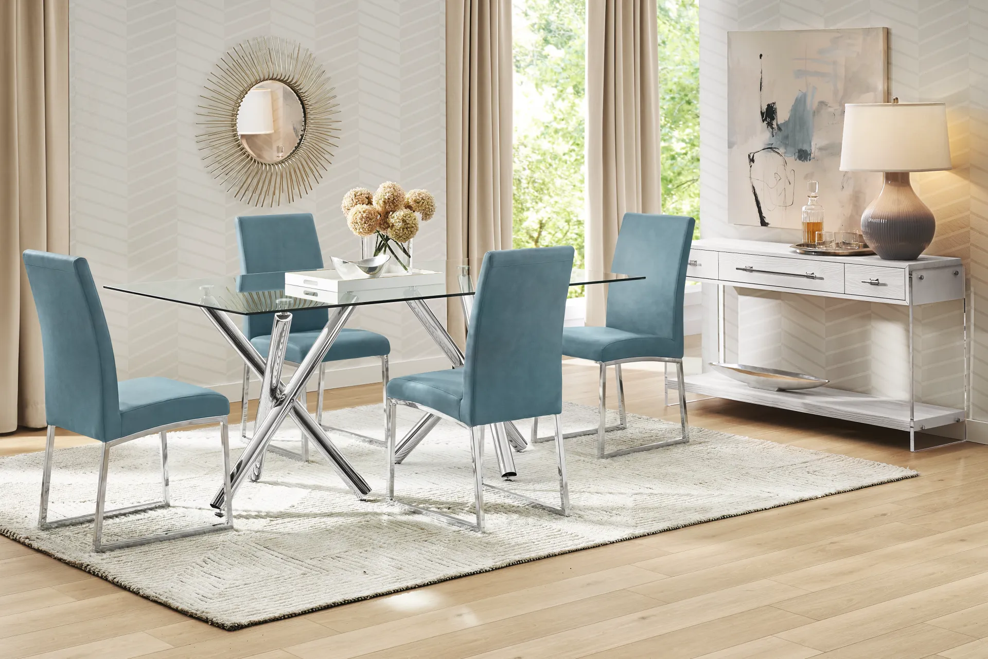 Bastone Silver 5 Pc Dining Room with Blue Upholstered Chairs - Image 1