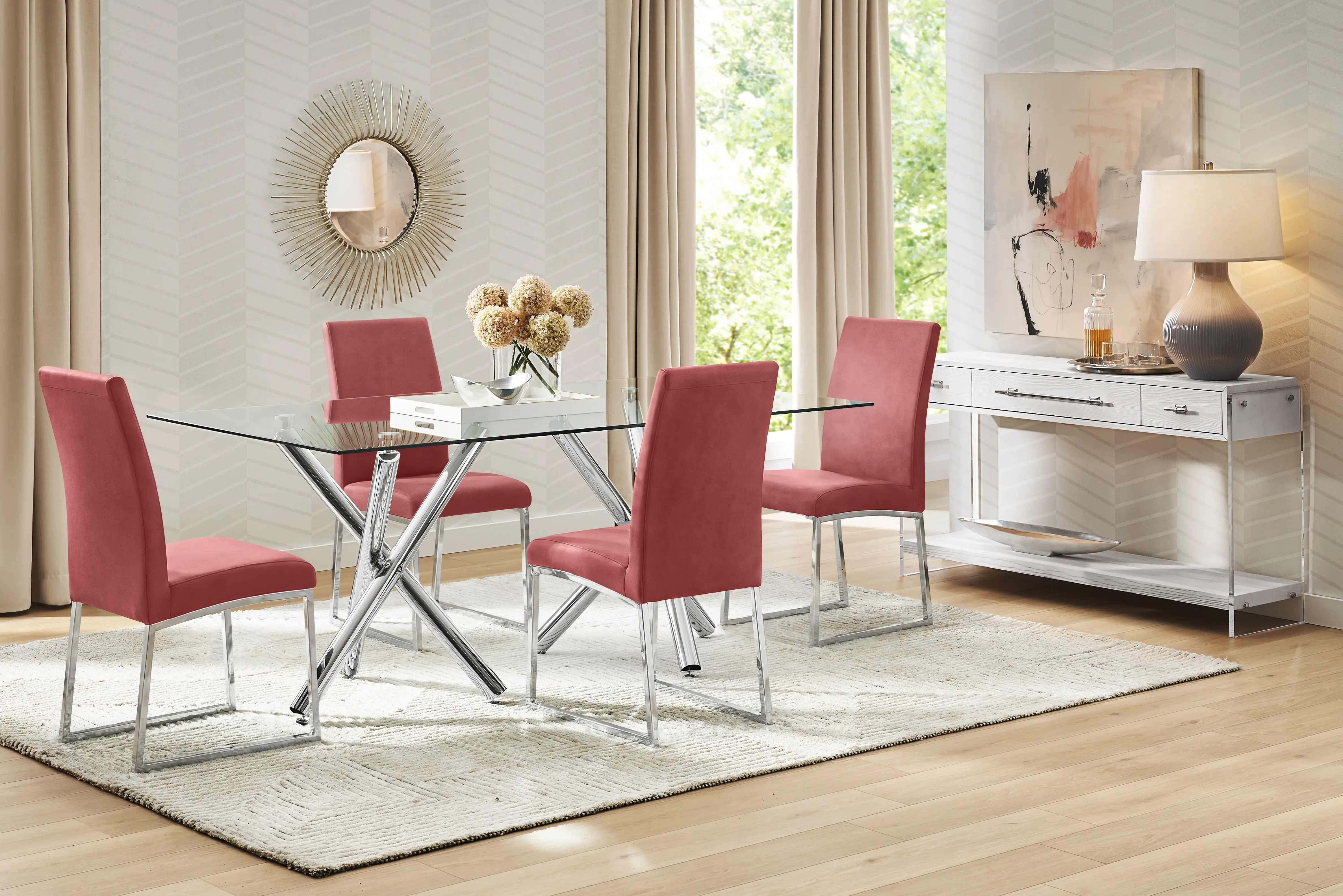 Bastone Silver 5 Pc Dining Room with Red Upholstered Chairs - Thumbnail - Image 1