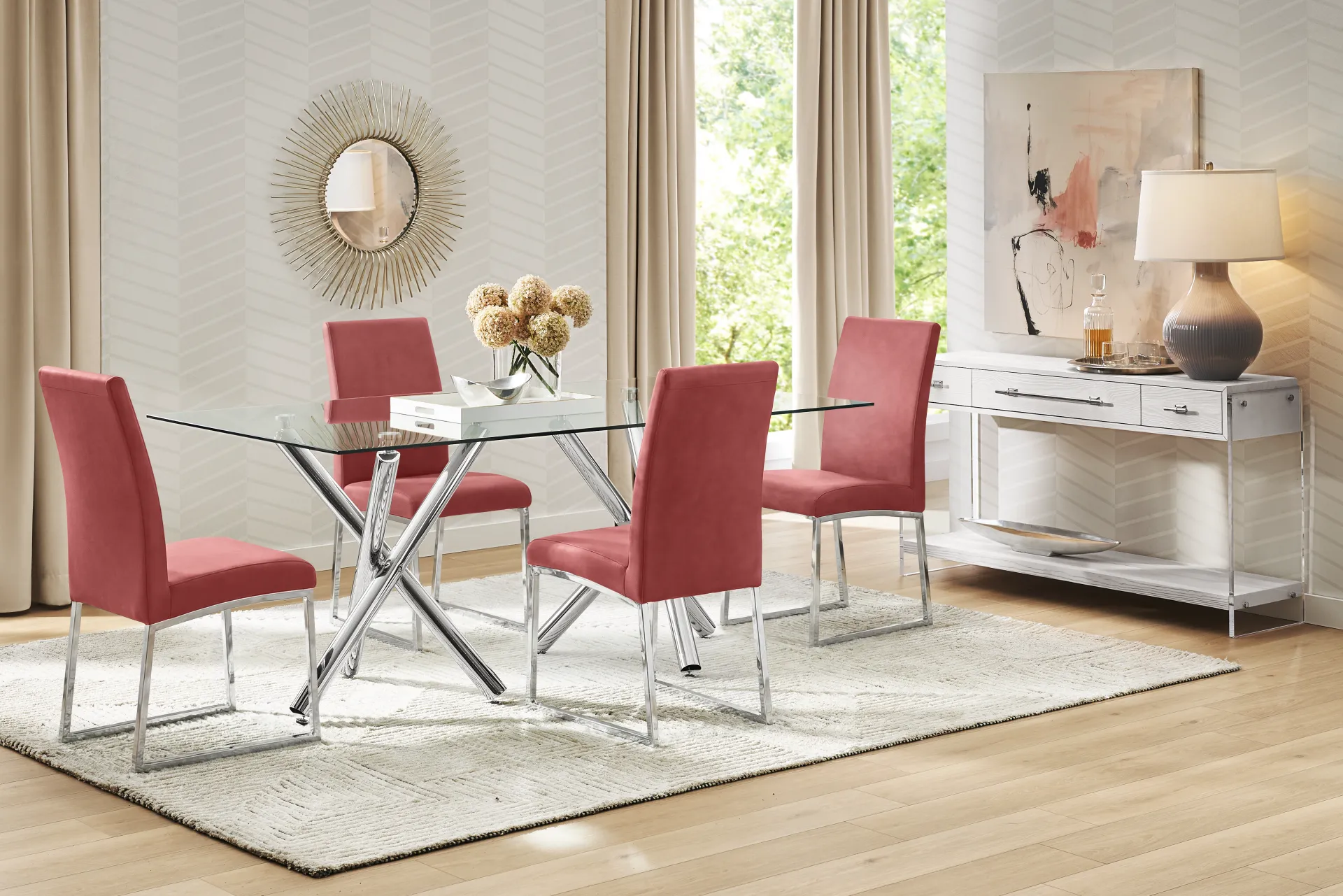 Bastone Silver 5 Pc Dining Room with Red Upholstered Chairs - Image 1
