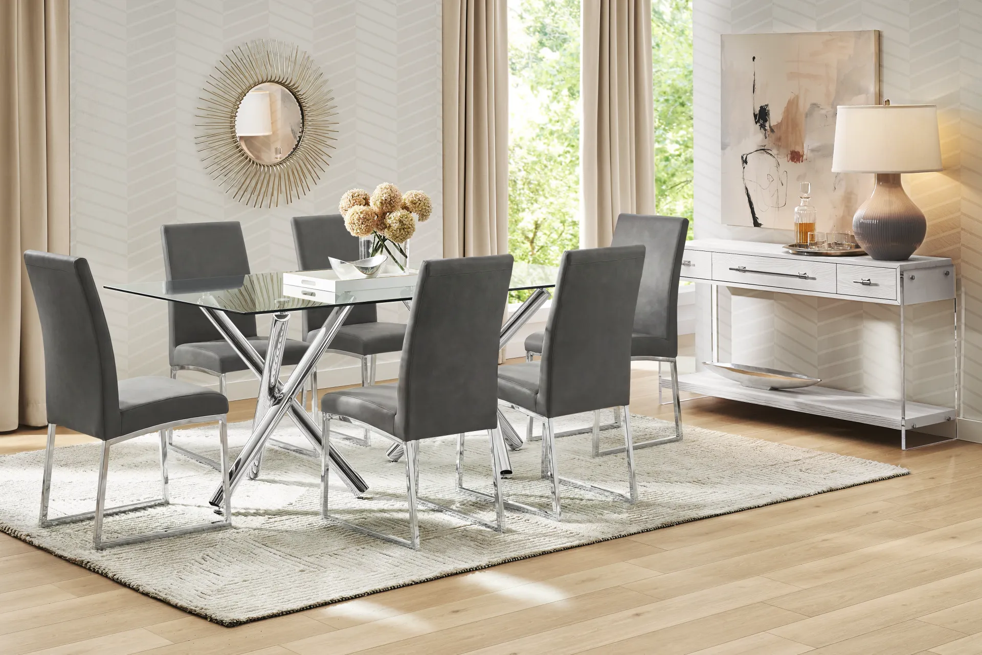 Bastone Silver 7 Pc Dining Room with Charcoal Upholstered Chairs - Image 1