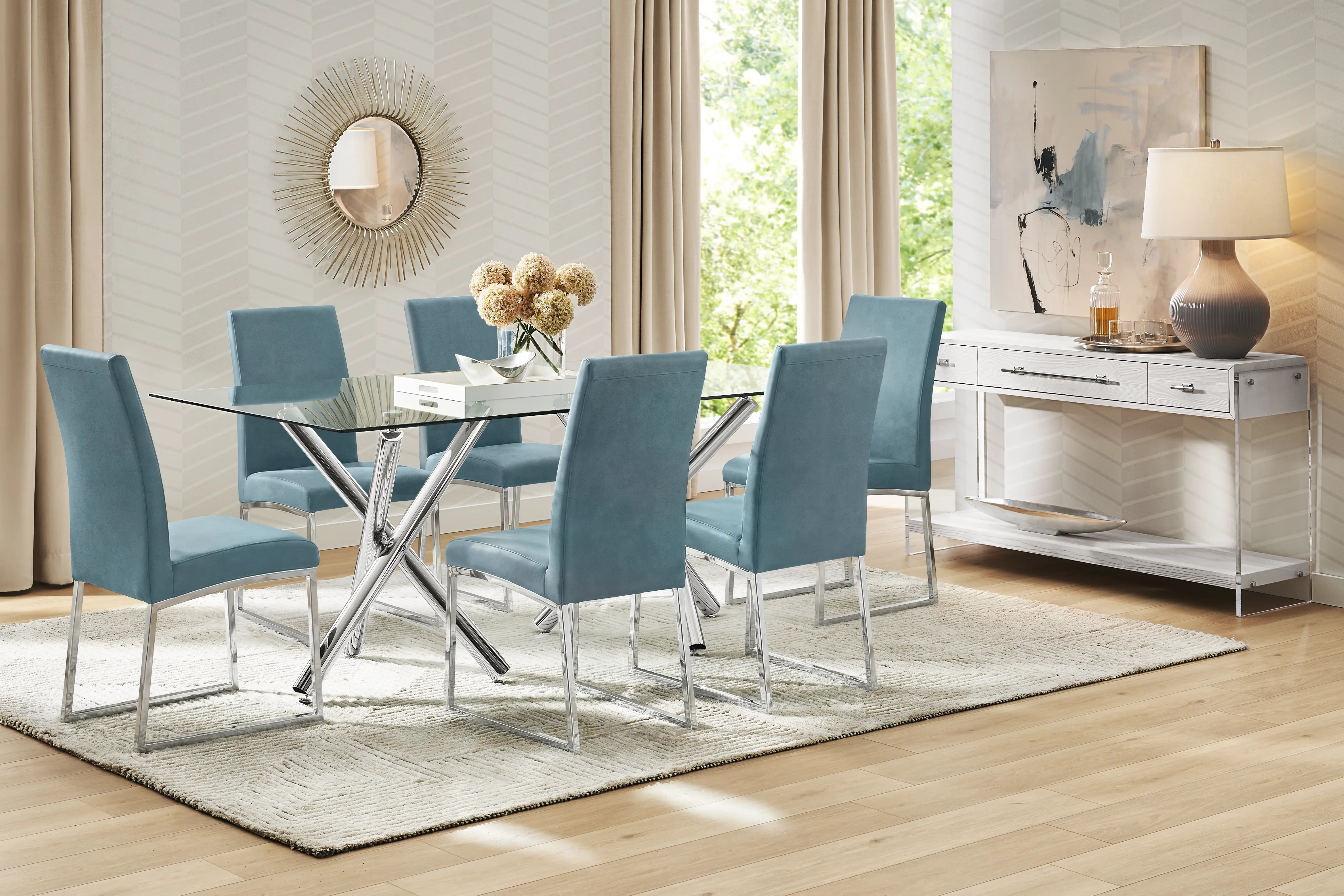 Bastone Silver 7 Pc Dining Room with Blue Upholstered Chairs - Thumbnail - Image 1