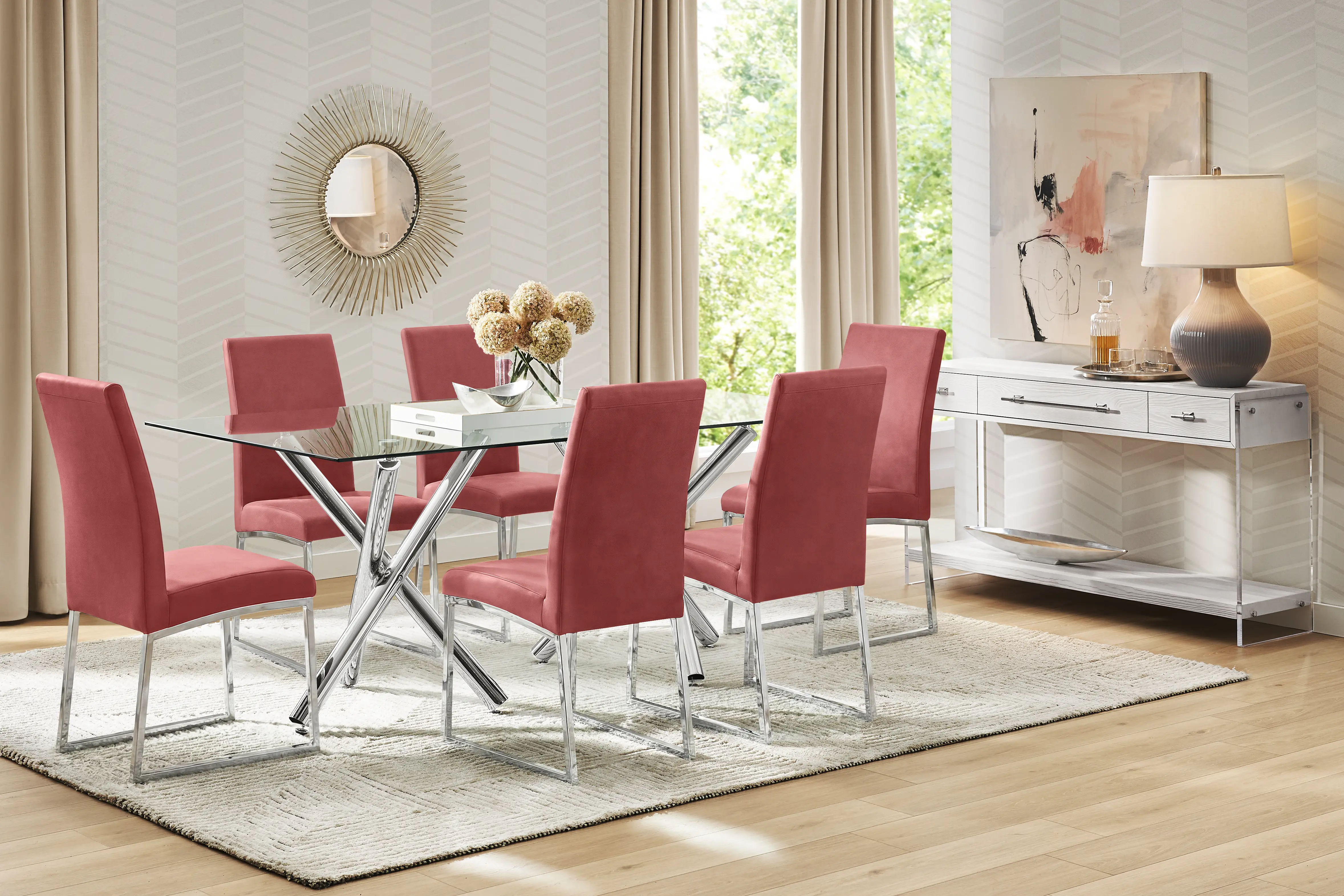 Bastone Silver 7 Pc Dining Room with Red Upholstered Chairs - Thumbnail - Image 1