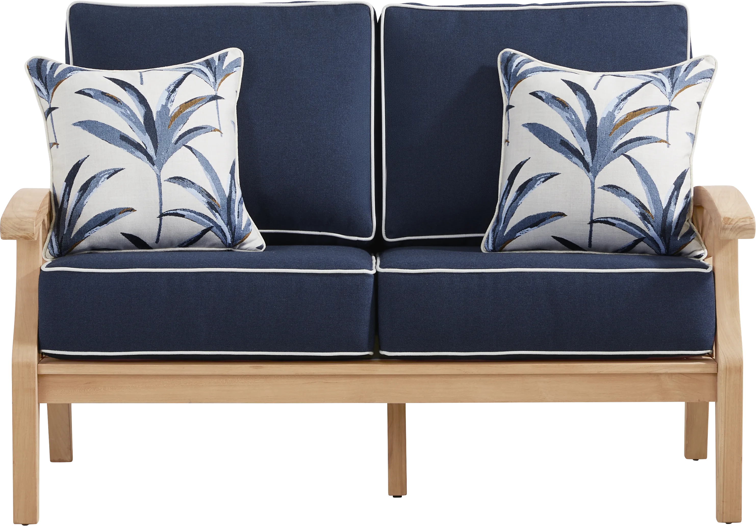 Pleasant Bay Woven Teak Outdoor Loveseat with Indigo Cushions - Thumbnail - Image 1