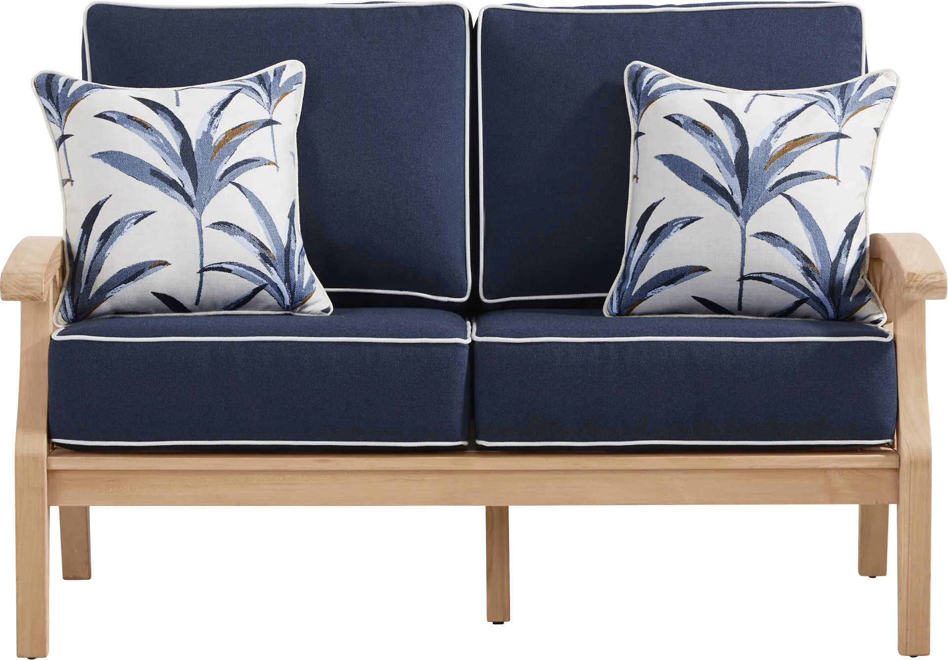Pleasant Bay Woven Teak Outdoor Loveseat with Indigo Cushions - Image 1