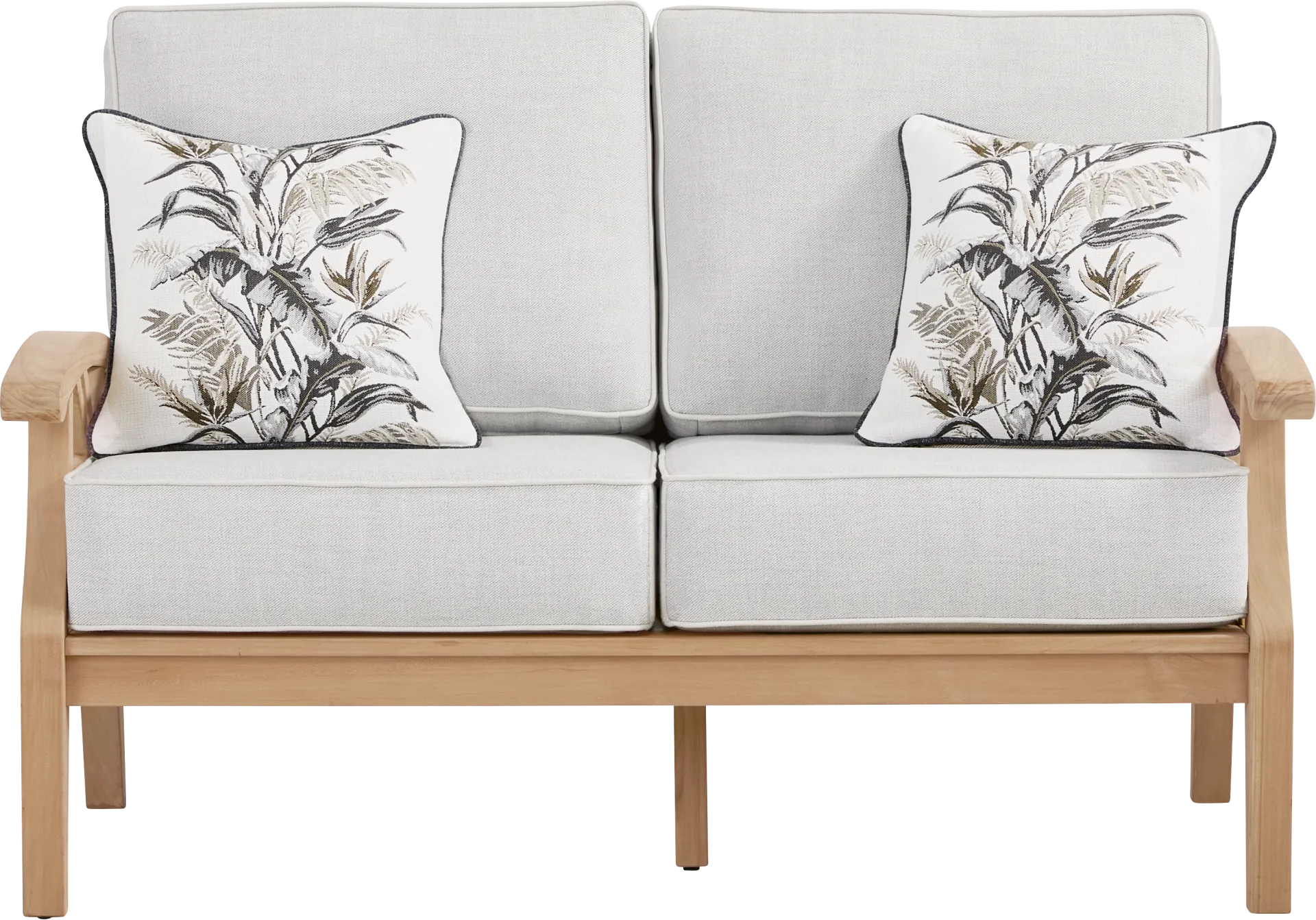 Pleasant Bay Woven Teak Outdoor Loveseat with Dove Cushions - Image 1