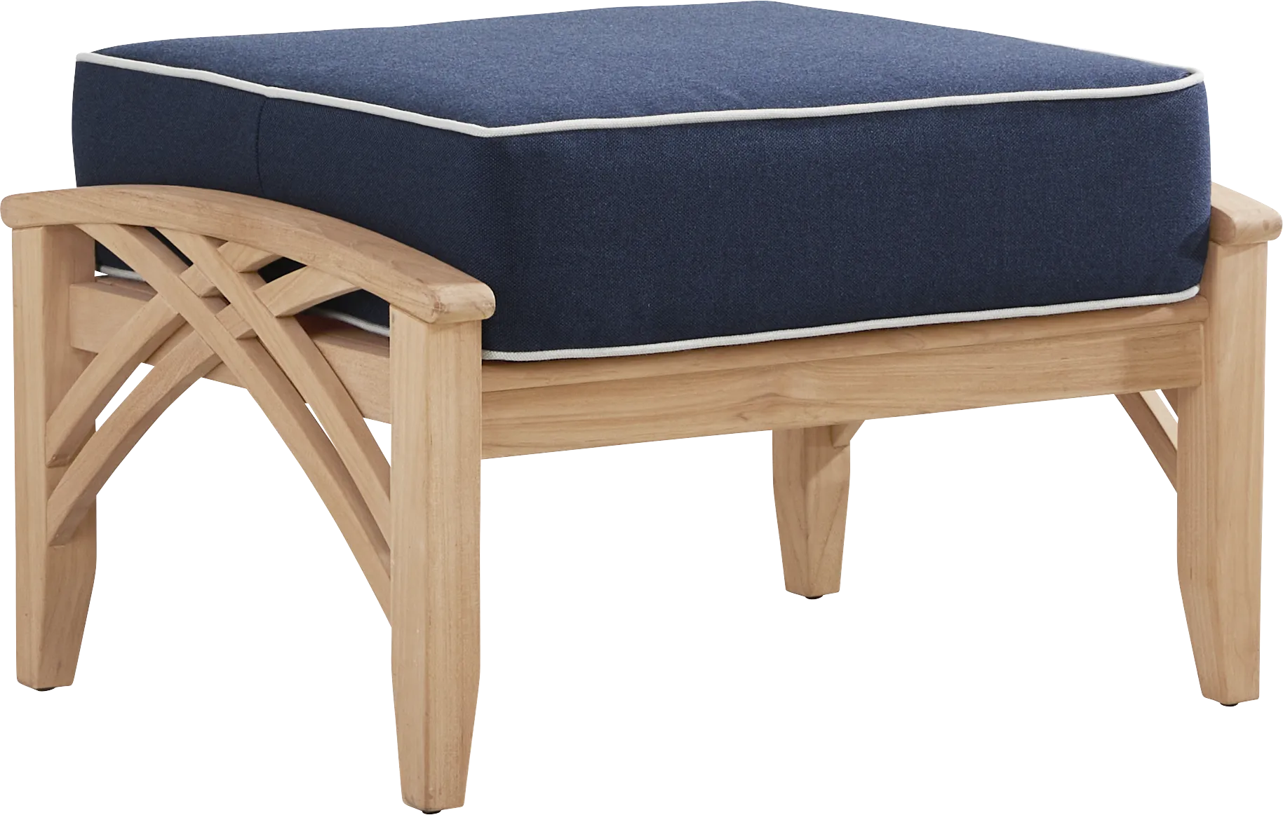 Pleasant Bay Woven Teak Outdoor Ottoman with Indigo Cushion - Thumbnail - Image 1