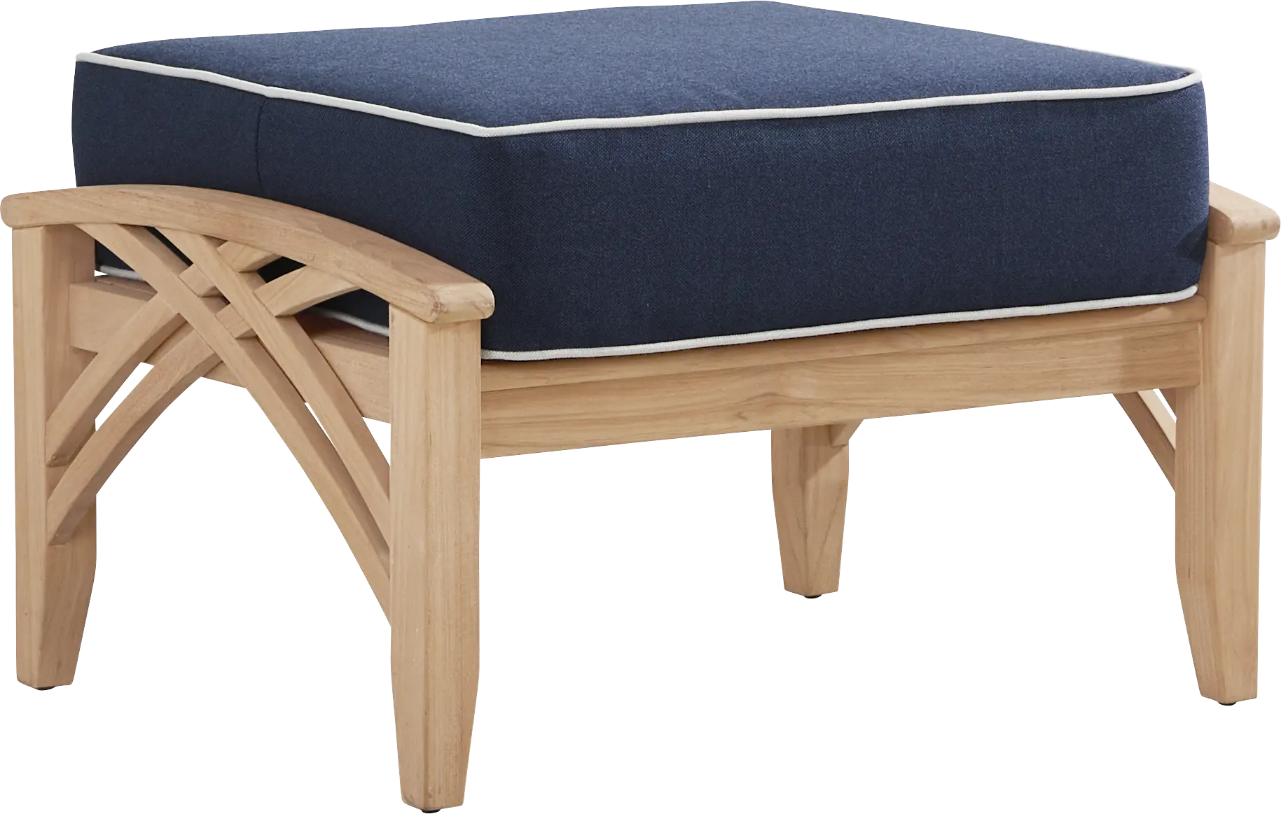 Pleasant Bay Woven Teak Outdoor Ottoman with Indigo Cushion