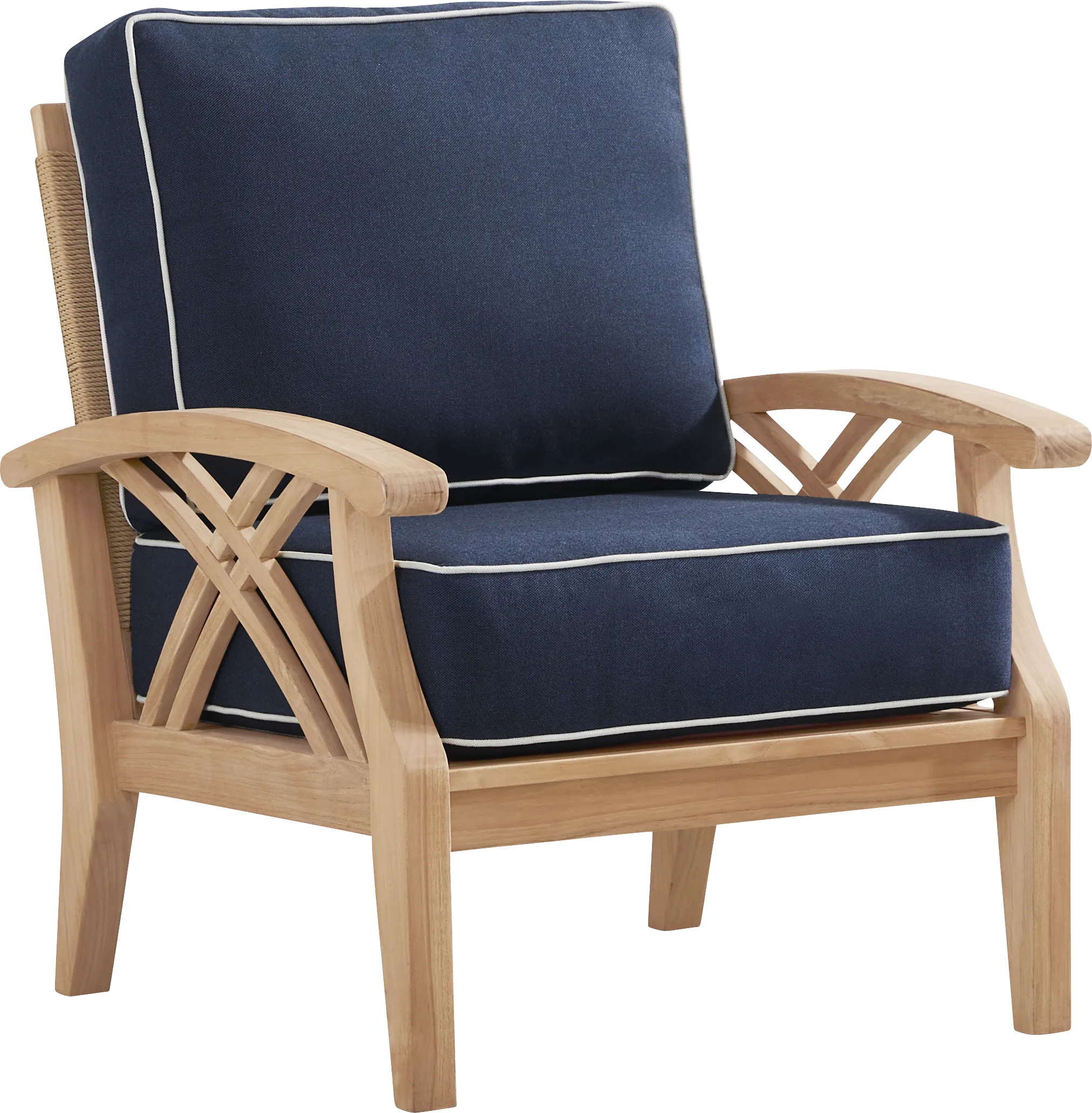 Pleasant Bay Woven Teak Outdoor Club Chair with Indigo Cushions - Thumbnail - Image 1