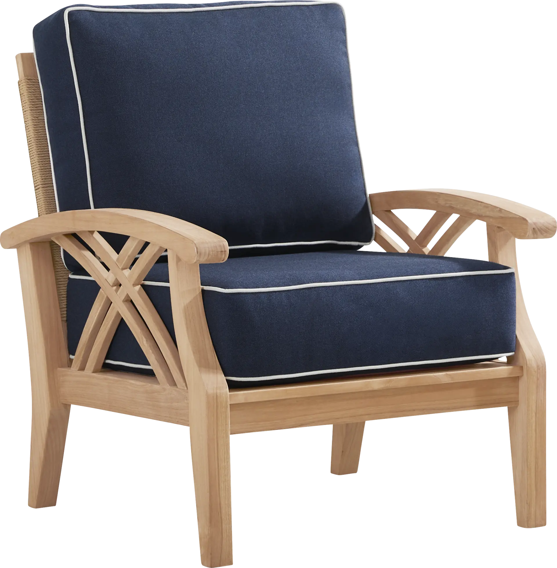 Pleasant Bay Woven Teak Outdoor Club Chair with Indigo Cushions