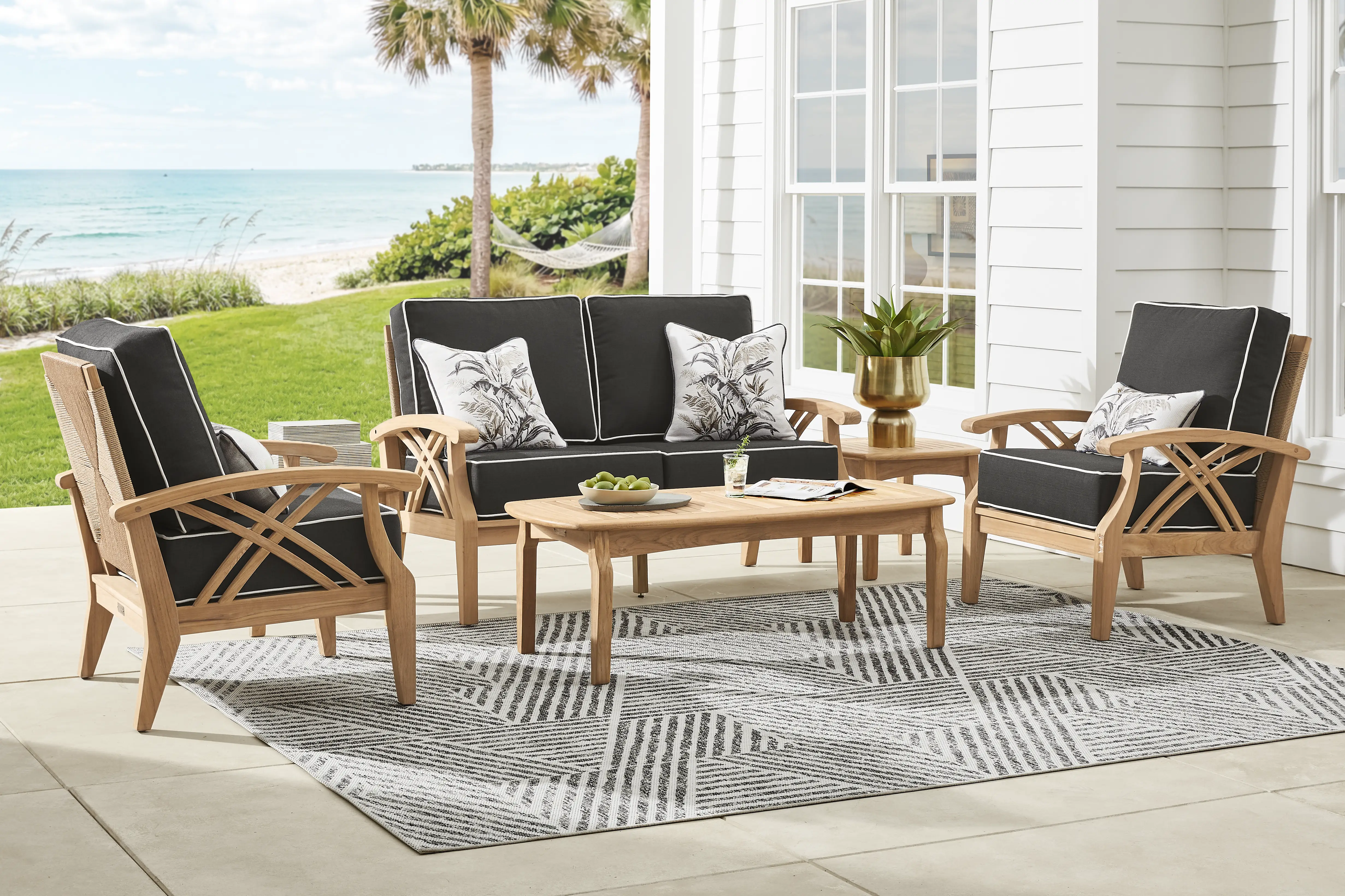 Pleasant Bay Woven Teak 4 Pc Outdoor Loveseat Seating Set with Charcoal Cushions - Thumbnail - Image 1