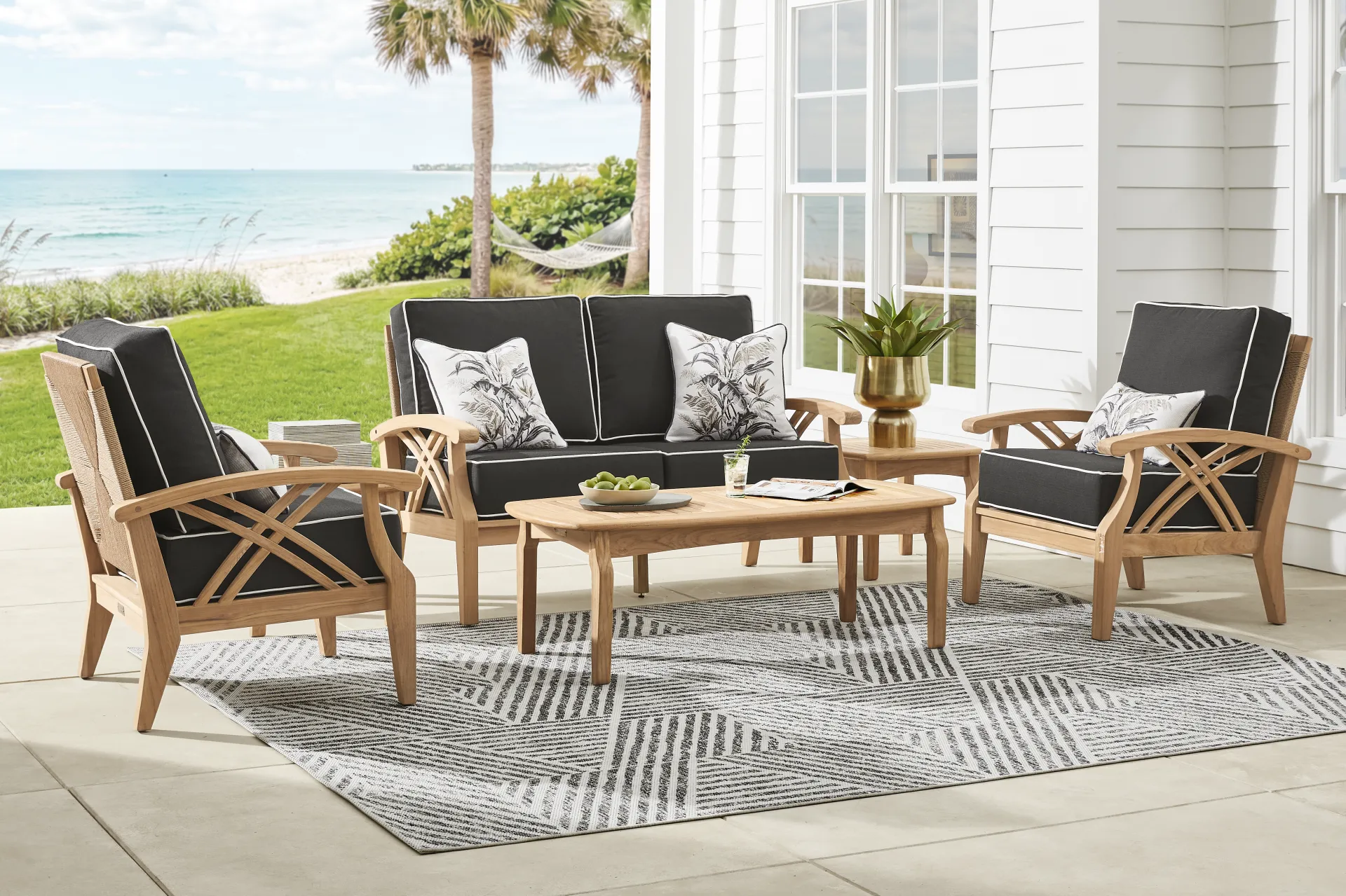 Pleasant Bay Woven Teak 4 Pc Outdoor Loveseat Seating Set with Charcoal Cushions - Image 1