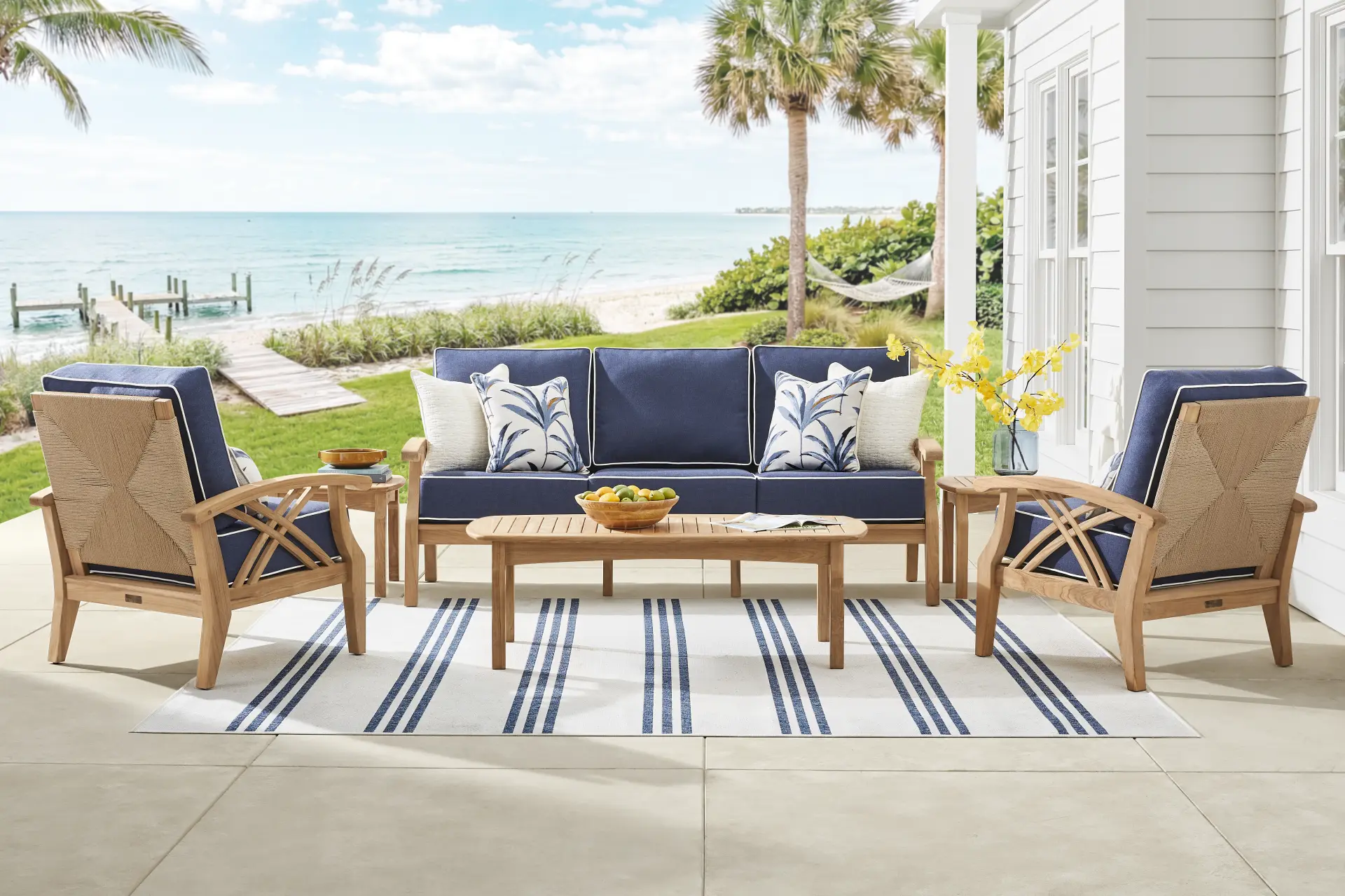 Pleasant Bay Woven Teak 4 Pc Outdoor Seating Set with Indigo Cushions