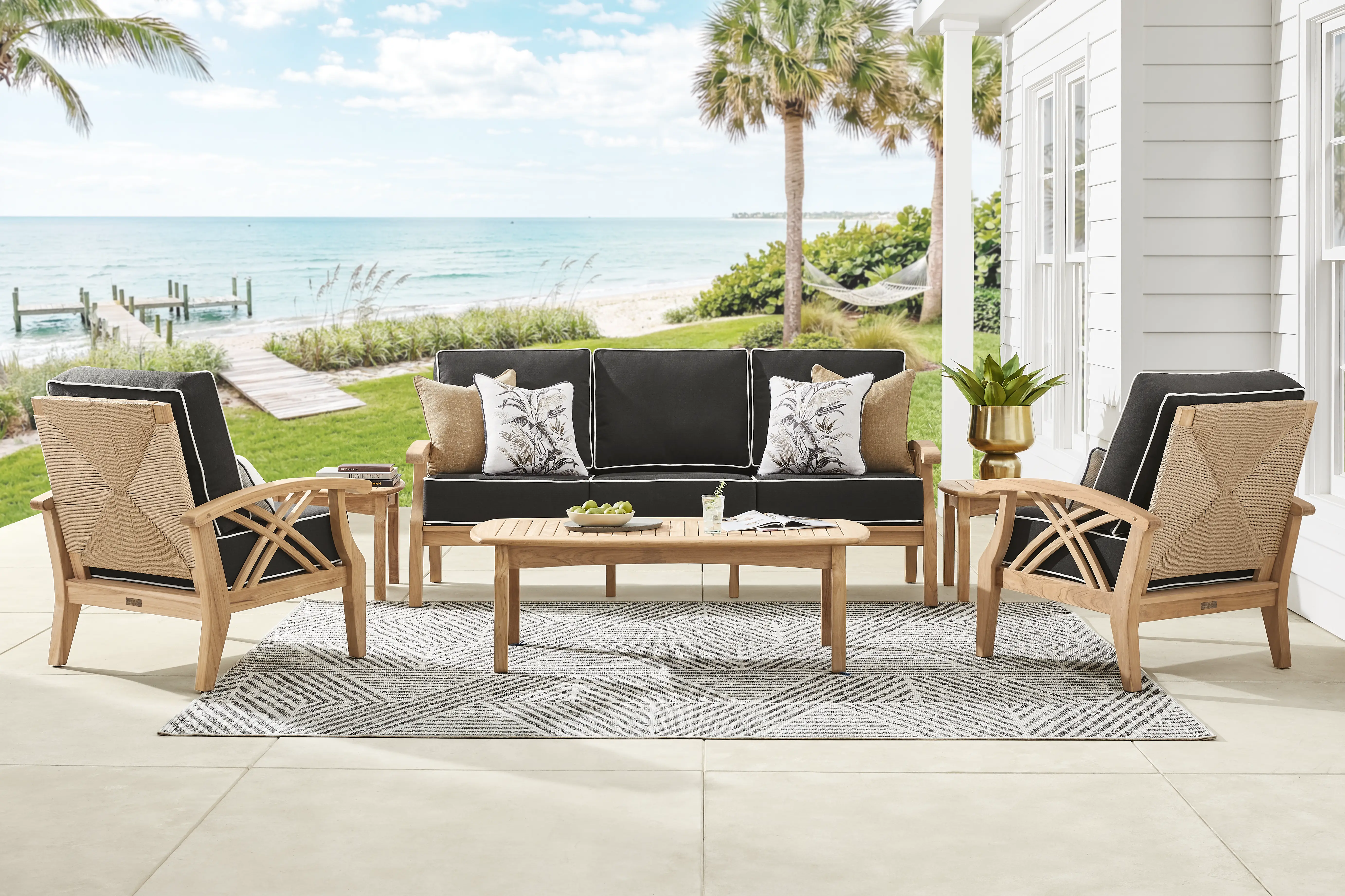 Pleasant Bay Woven Teak 4 Pc Outdoor Seating Set with Charcoal Cushions - Image 1