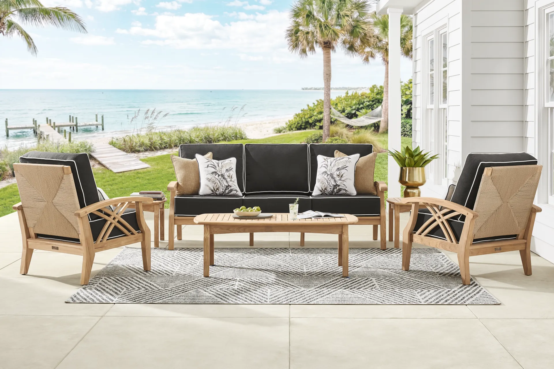 Pleasant Bay Woven Teak 4 Pc Outdoor Seating Set with Charcoal Cushions - Image 1