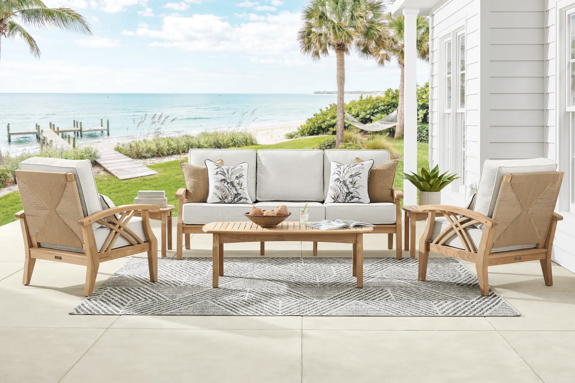 Pleasant Bay Woven Teak 4 Pc Outdoor Seating Set with Dove Cushions