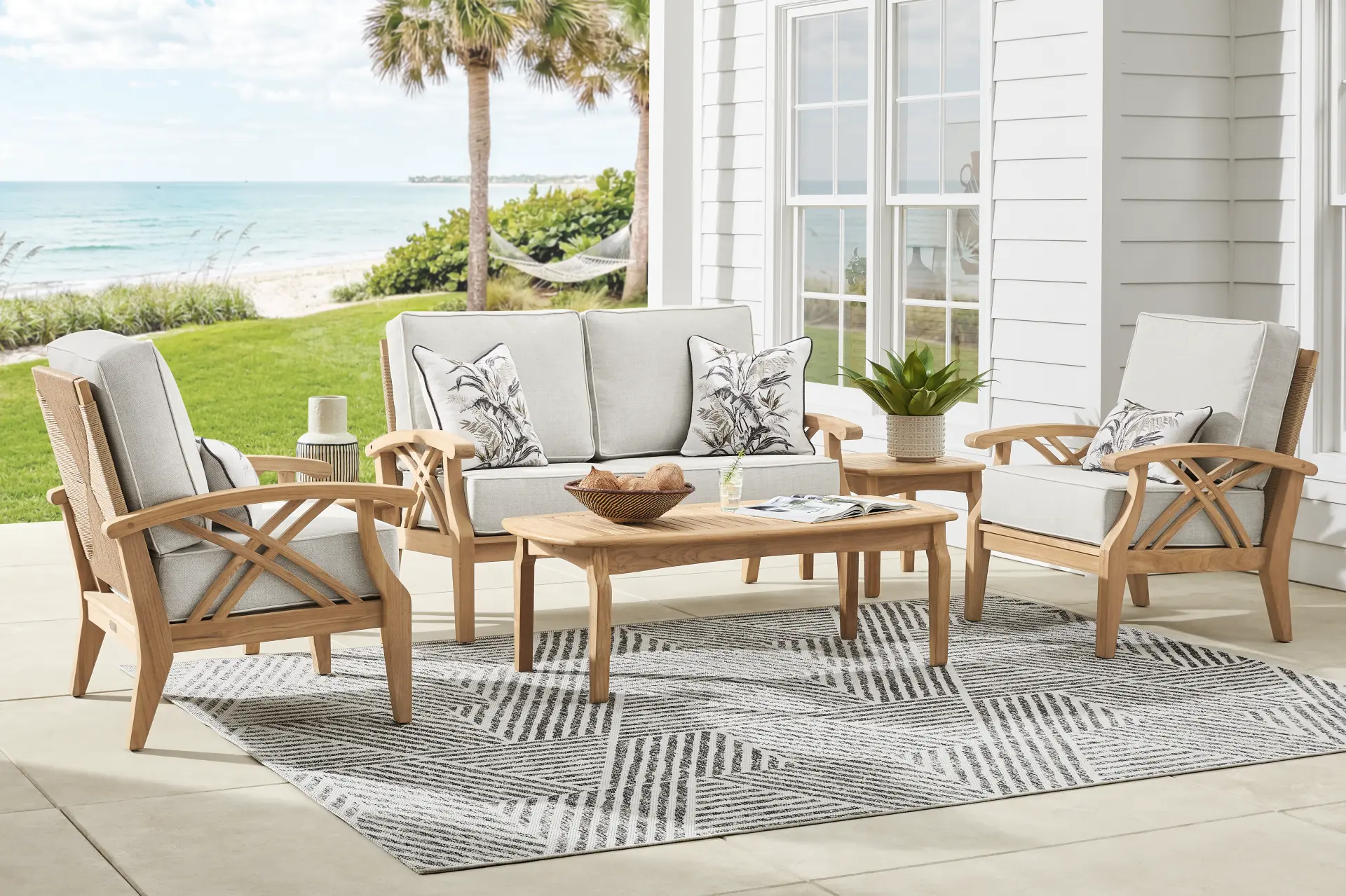 Pleasant Bay Woven Teak 4 Pc Outdoor Loveseat Seating Set with Dove Cushions
