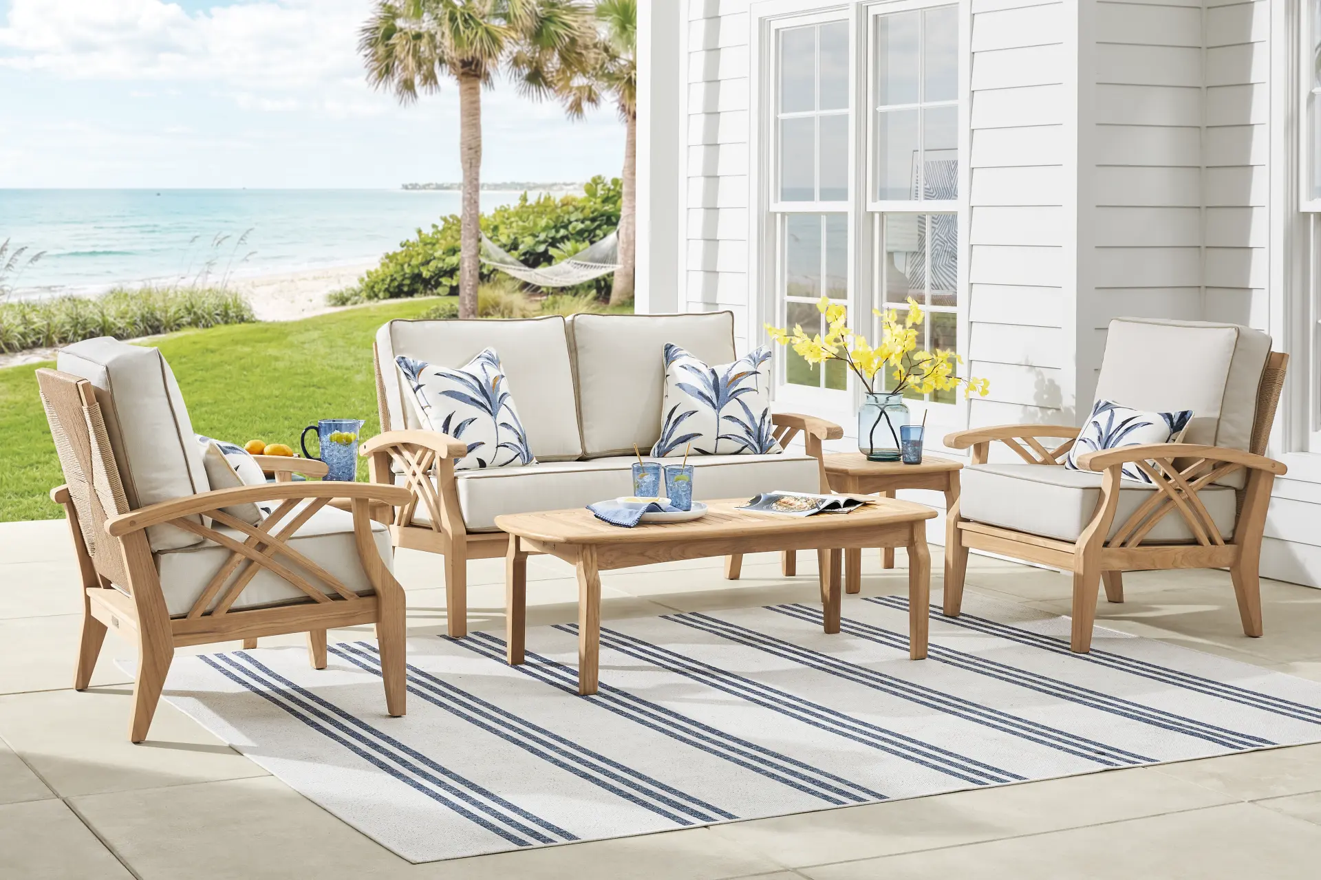 Pleasant Bay Woven Teak 4 Pc Outdoor Loveseat Seating Set with Vapor Cushions