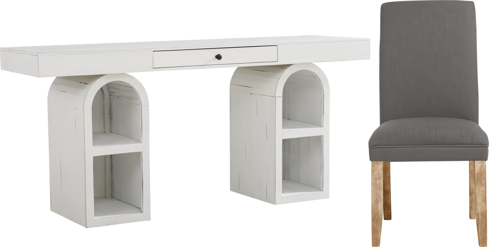 Esmerelda White Arch Writing Desk and Gray Chair - Image 1
