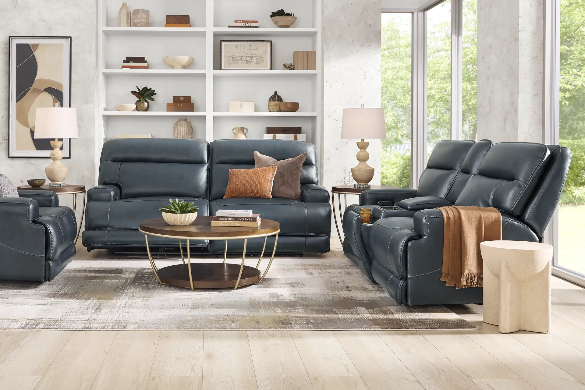 Brayden Blue Leather 7 Pc Dual Power Reclining Living Room - Image 1