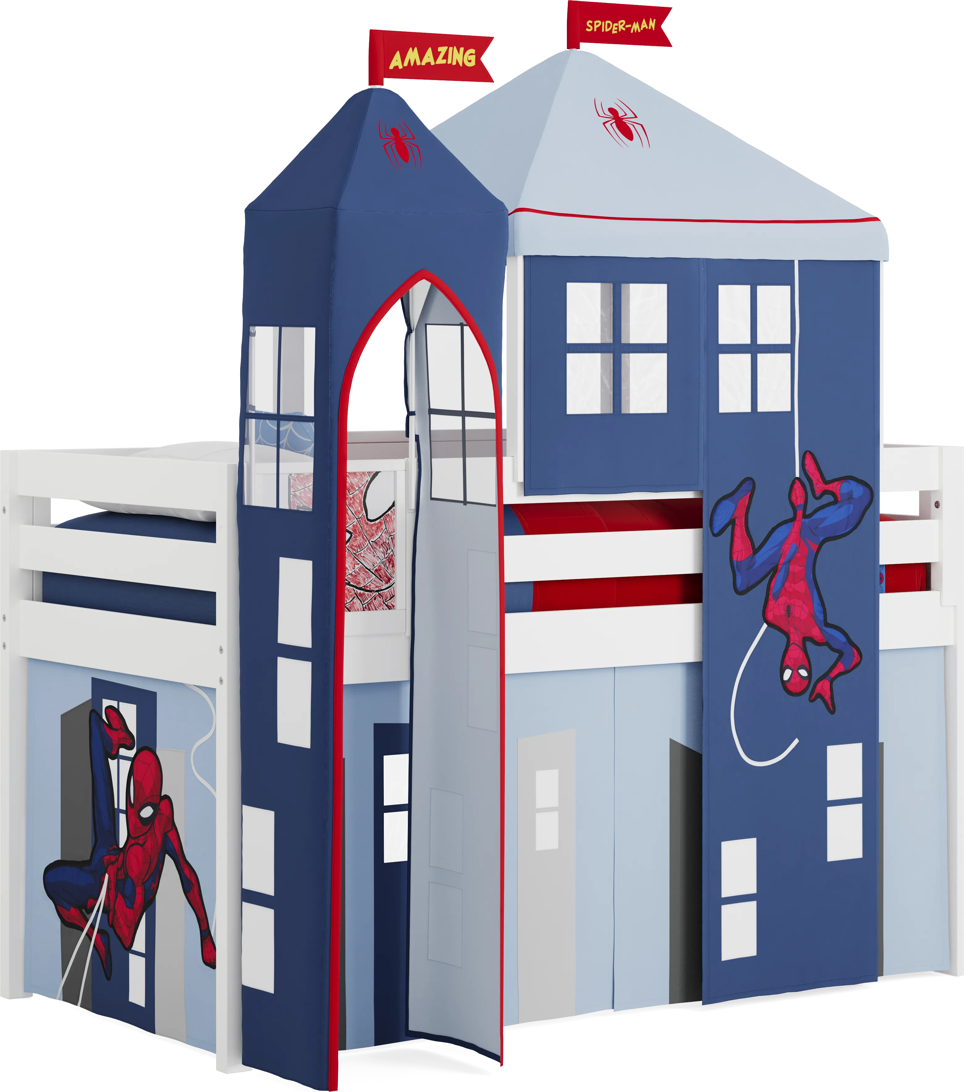 Spider-Man White Twin Low Loft with Activity Panel, Tent & Tower - Thumbnail - Image 1