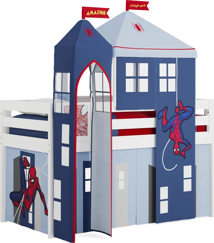 Spider-Man White Twin Low Loft with Activity Panel, Tent & Tower