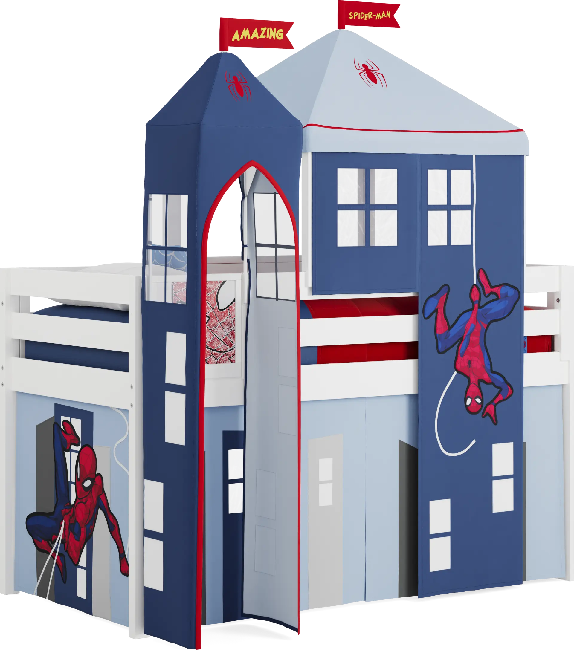 Spider-Man White Twin Low Loft with Activity Panel, Tent & Tower