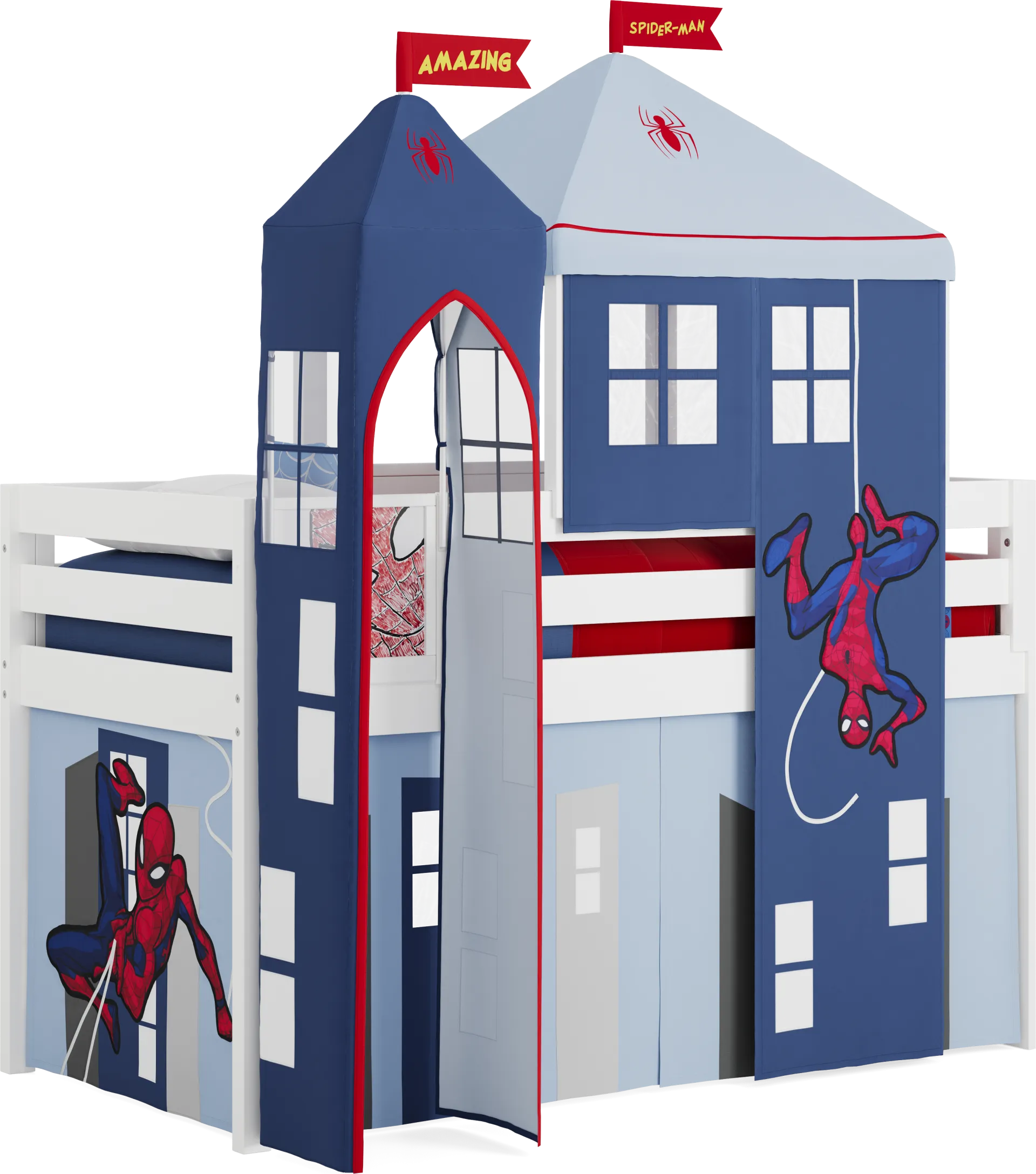 Spider-Man White Twin Low Loft with Activity Panel, Tent & Tower - Image 1