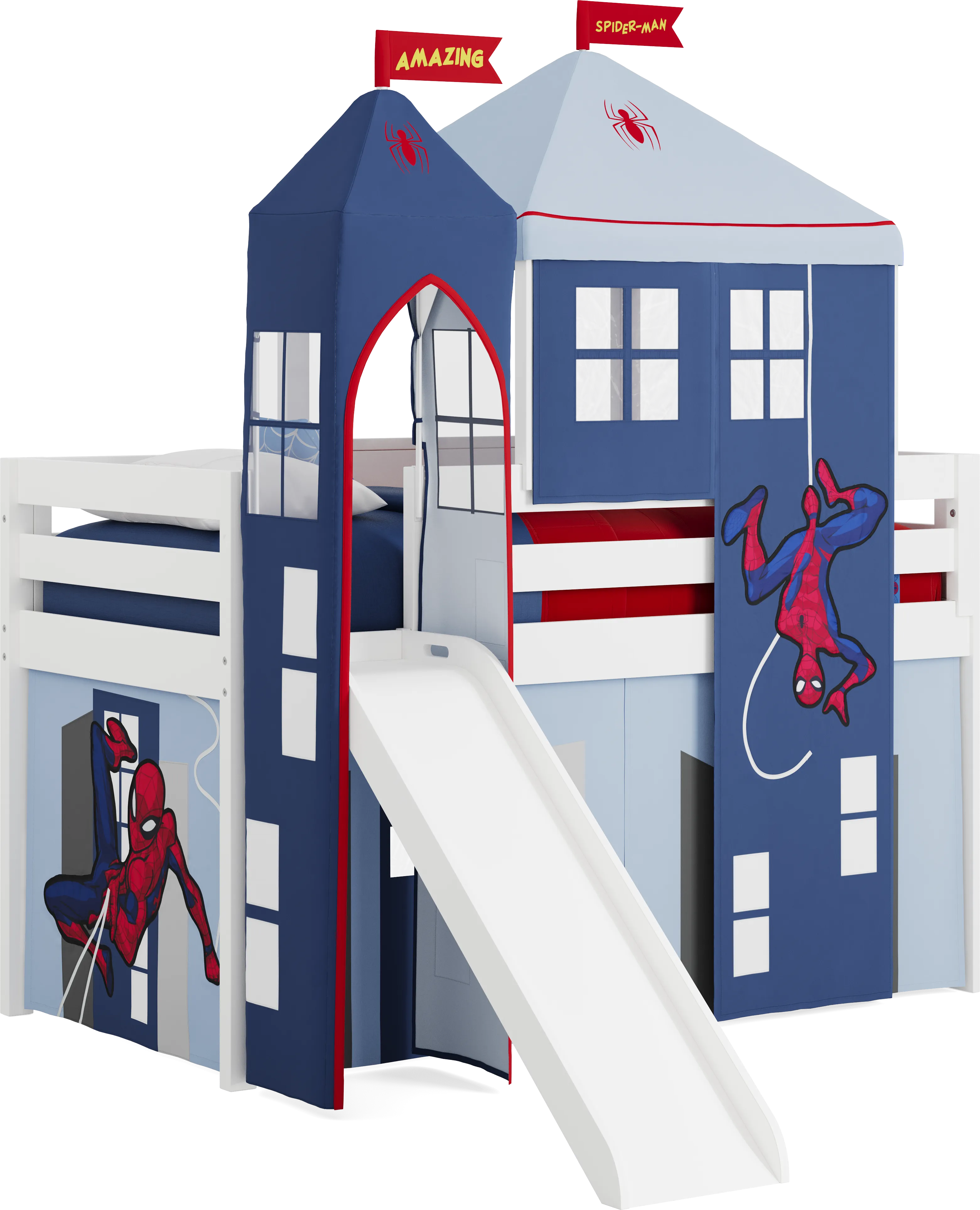 Spider-Man White Twin Low Loft with Slide, Tent & Tower - Thumbnail - Image 1