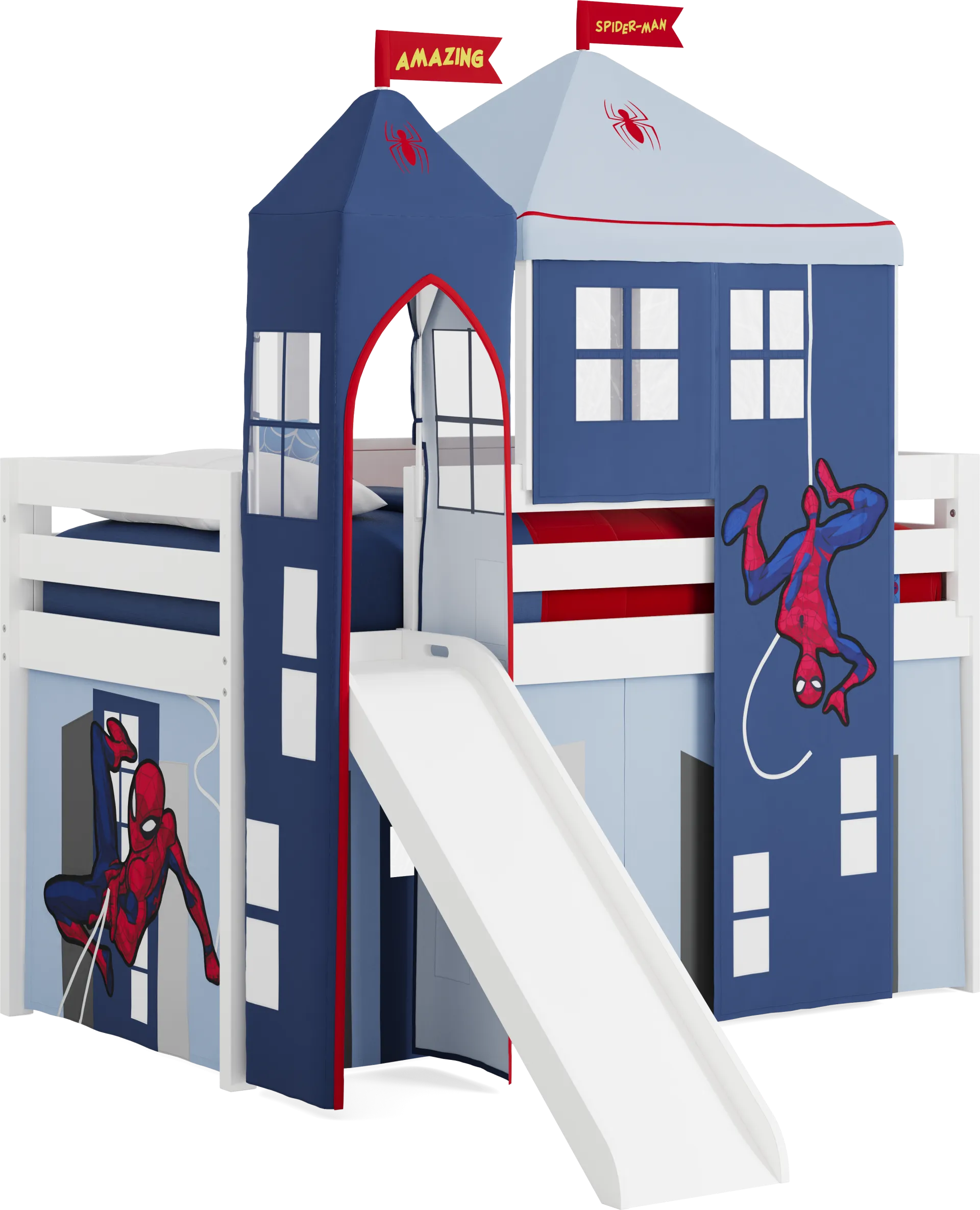 Spider-Man White Twin Low Loft with Slide, Tent & Tower - Image 1
