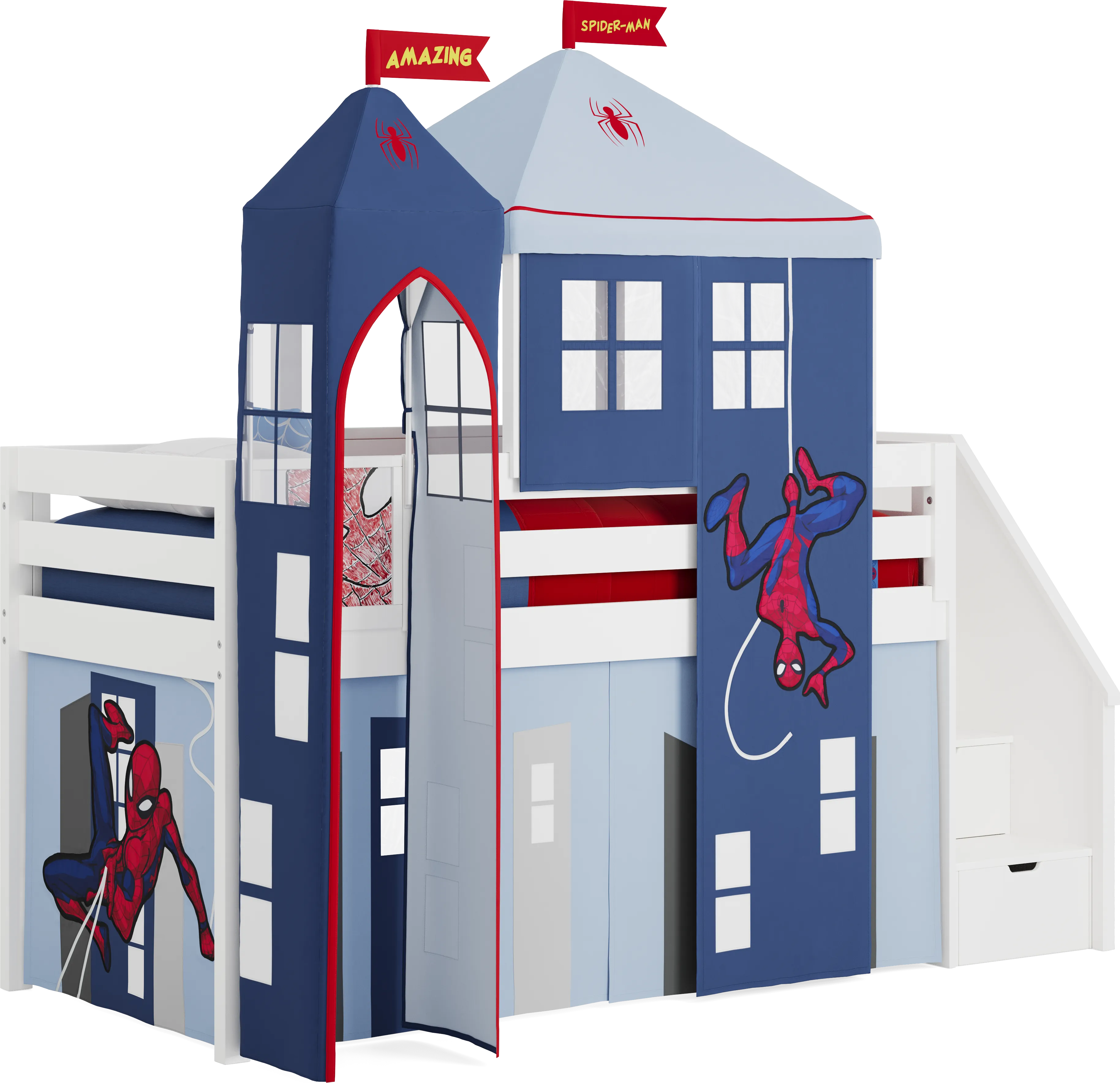 Spider-Man White Twin Low Step Loft with Activity Panel, Tent & Tower - Thumbnail - Image 1