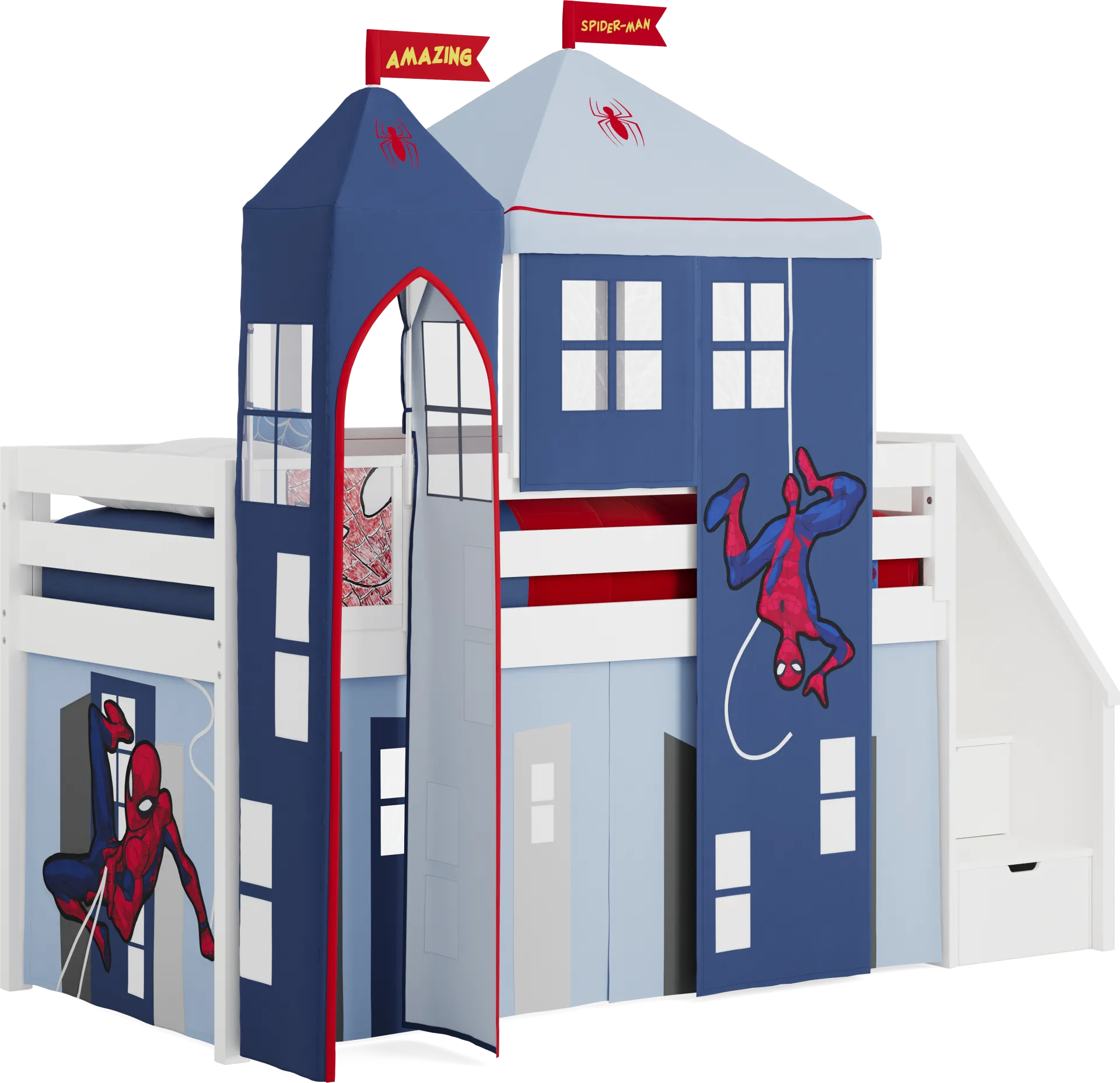 Spider-Man White Twin Low Step Loft with Activity Panel, Tent & Tower - Image 1