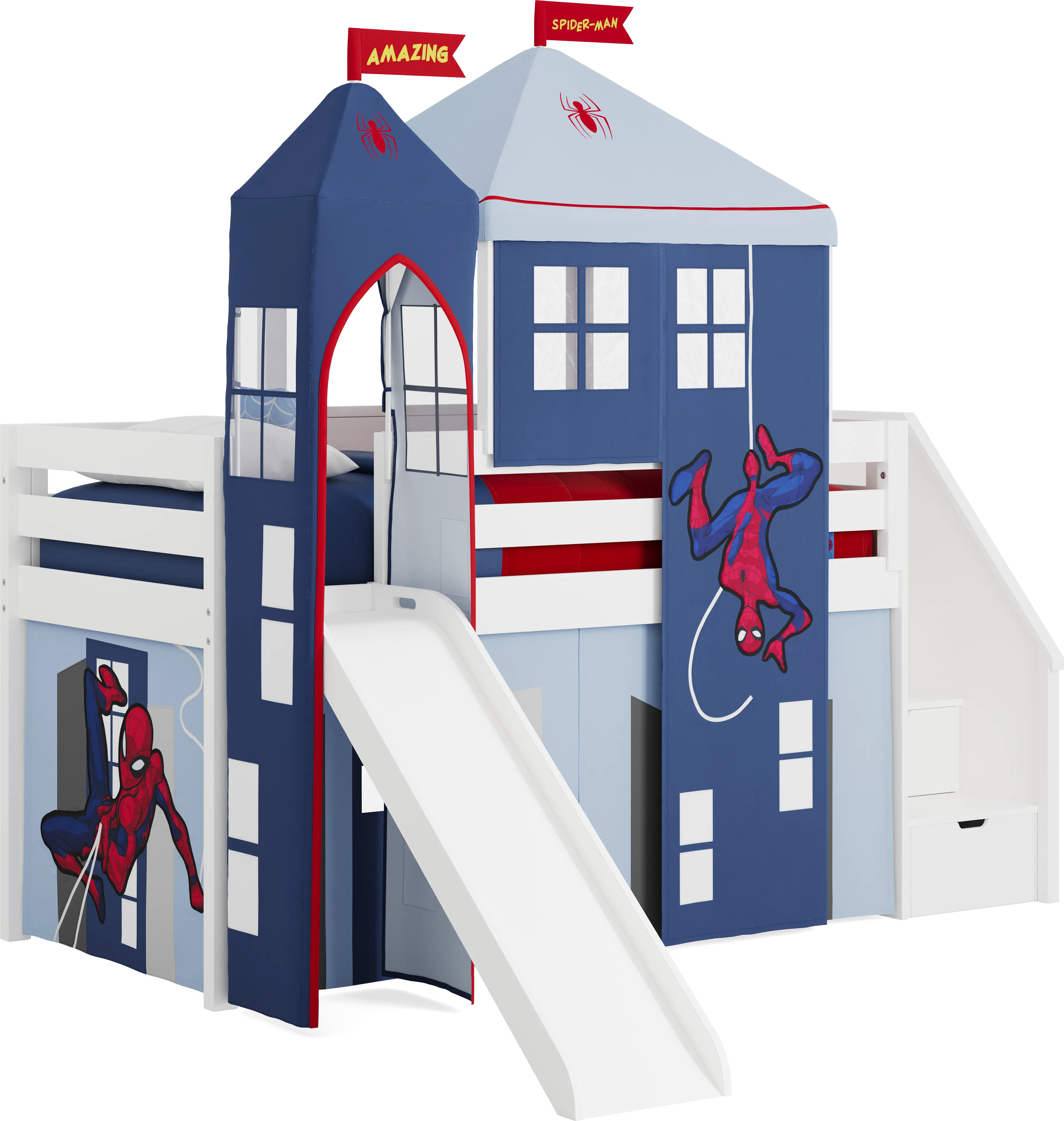 Spider-Man White Twin Low Step Loft with Slide, Tent & Tower - Thumbnail - Image 1