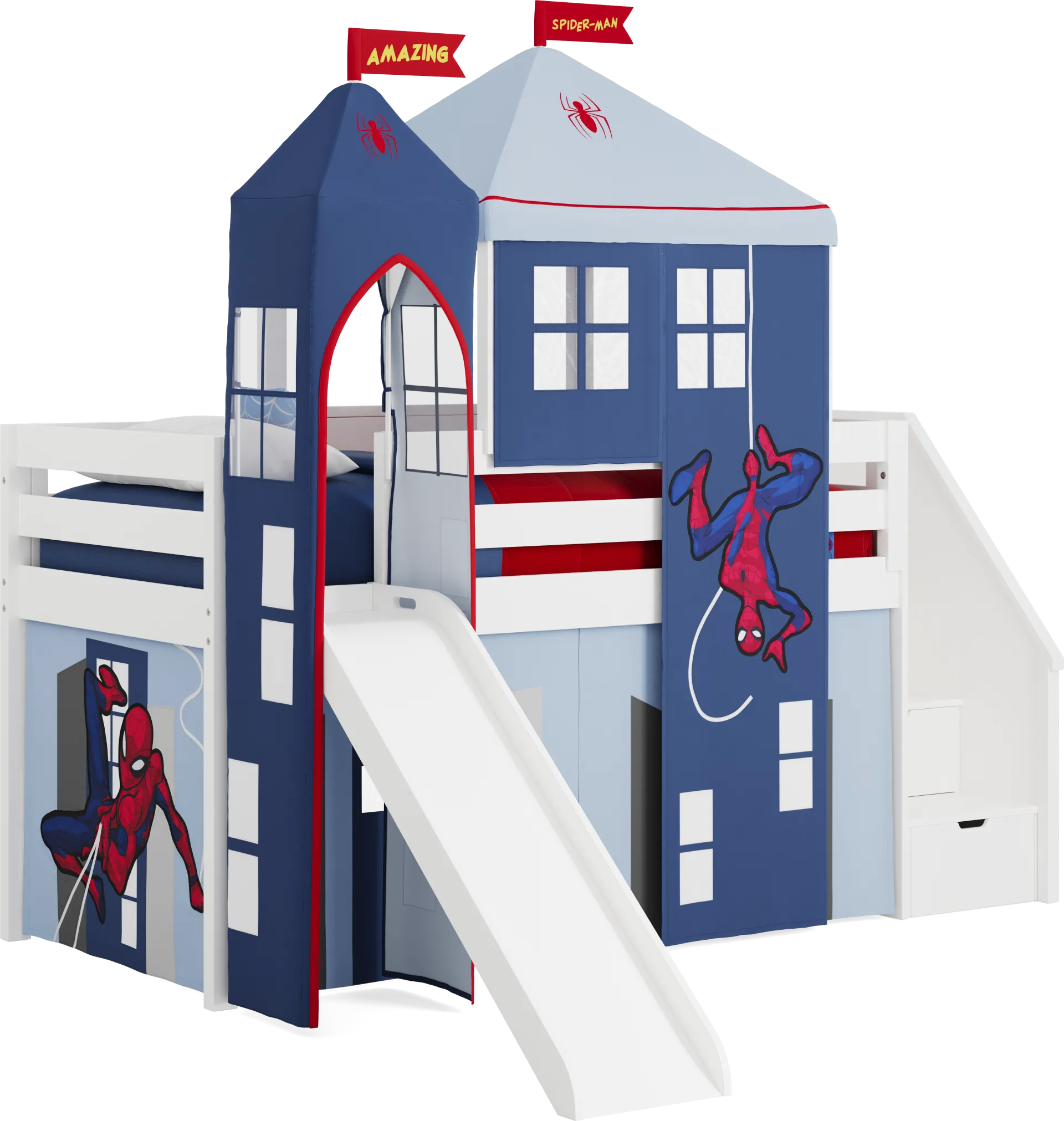 Spider-Man White Twin Low Step Loft with Slide, Tent & Tower - Image 1