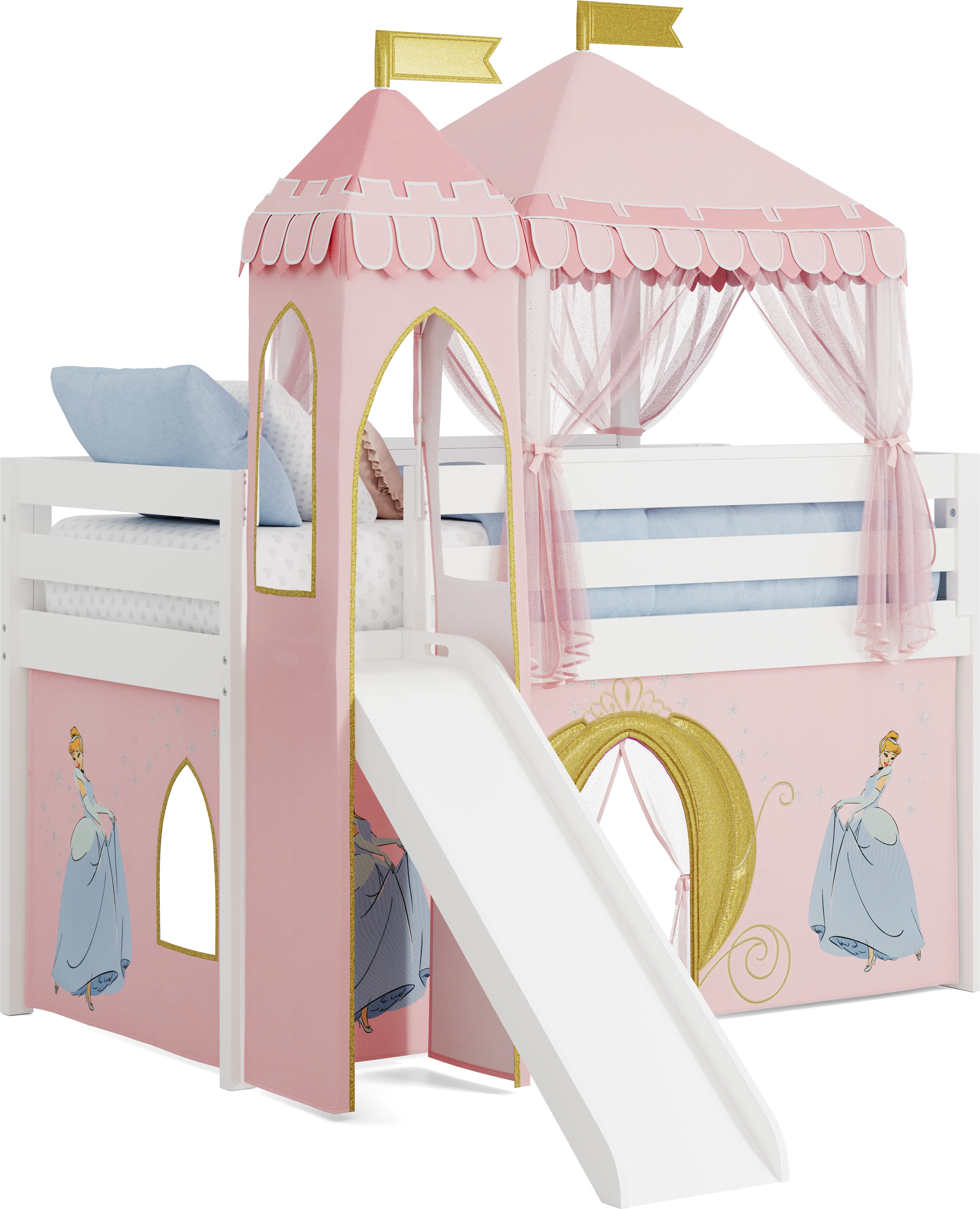Disney Princess White Twin Low Loft with Slide, Tent & Tower - Thumbnail - Image 1