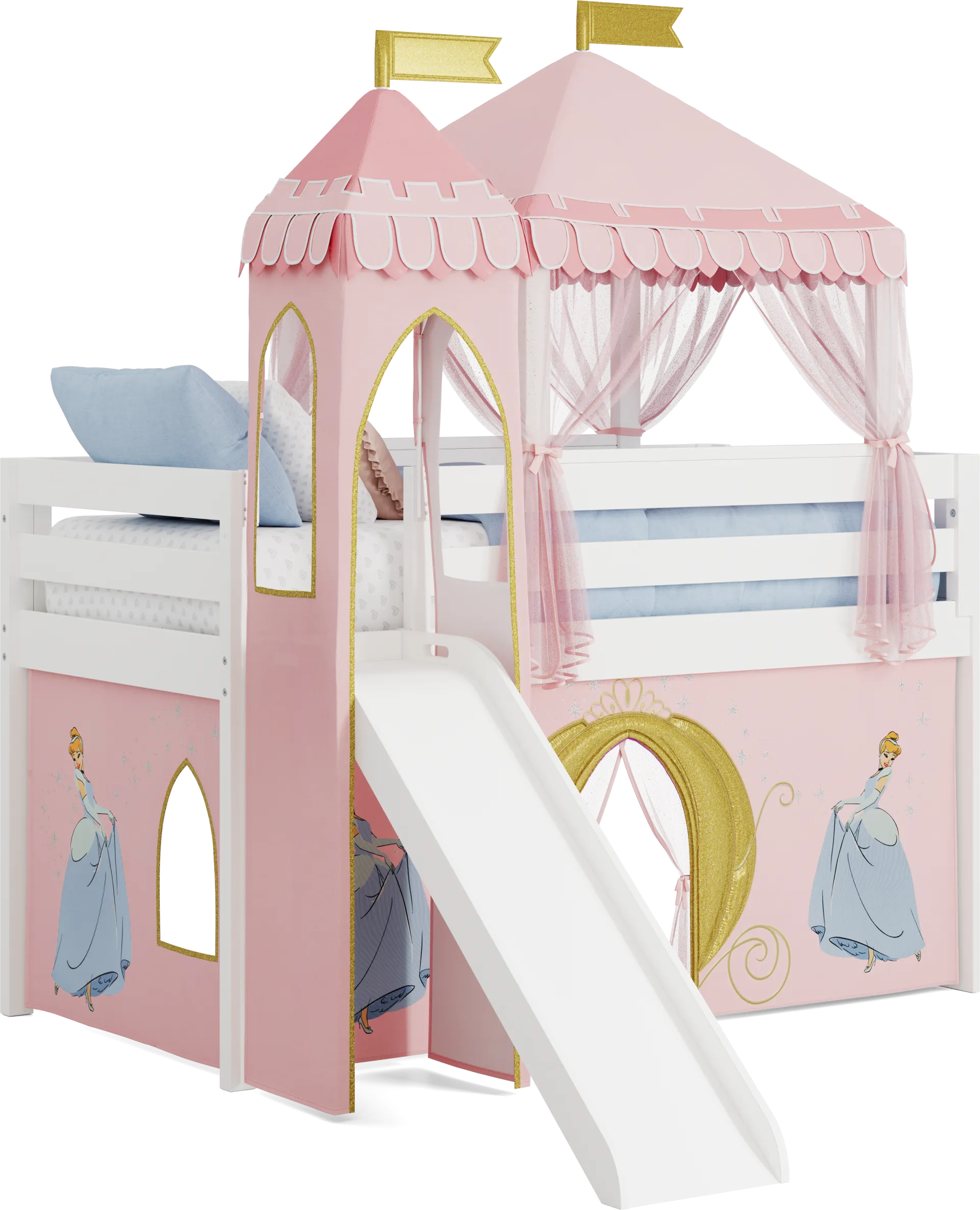 Disney Princess White Twin Low Loft with Slide, Tent & Tower - Image 1