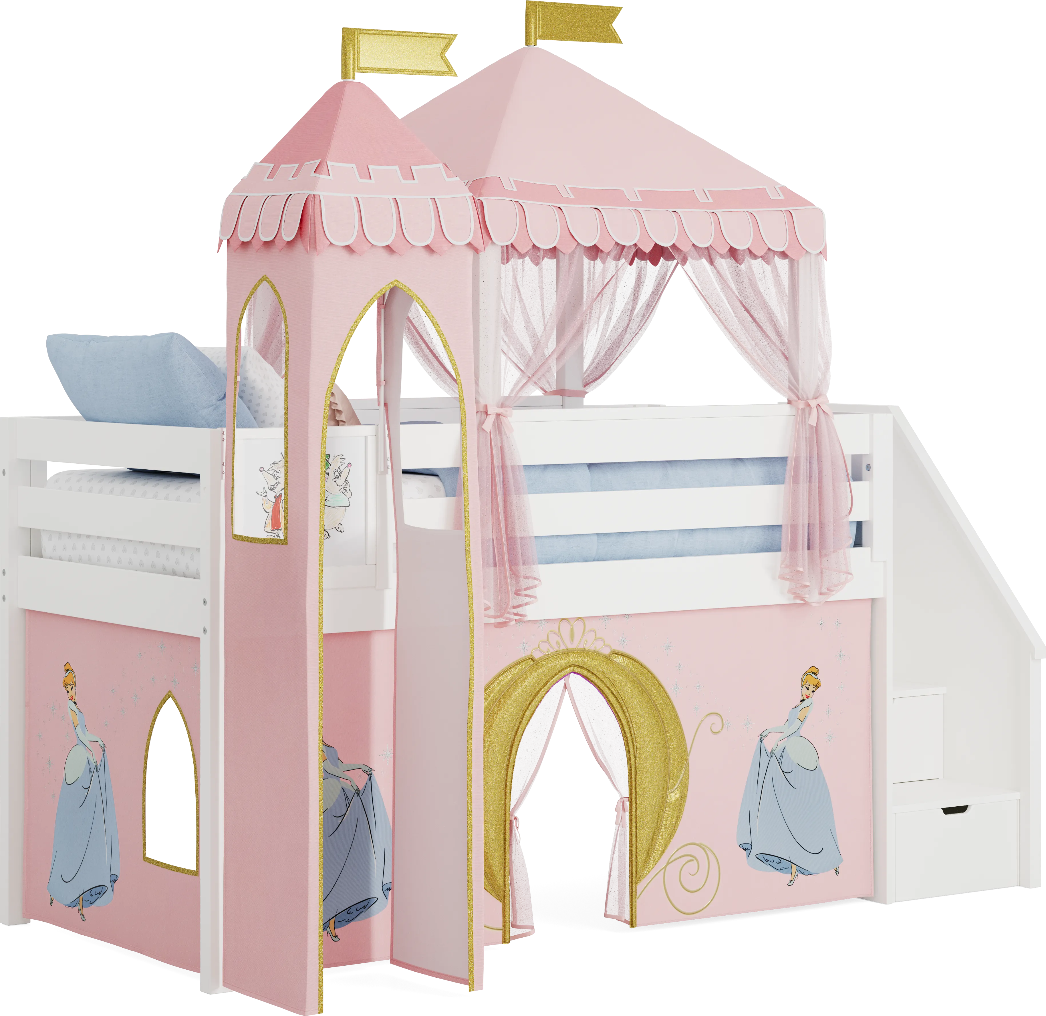 Disney Princess White Twin Low Step Loft with Activity Panel, Tent & Tower - Thumbnail - Image 1