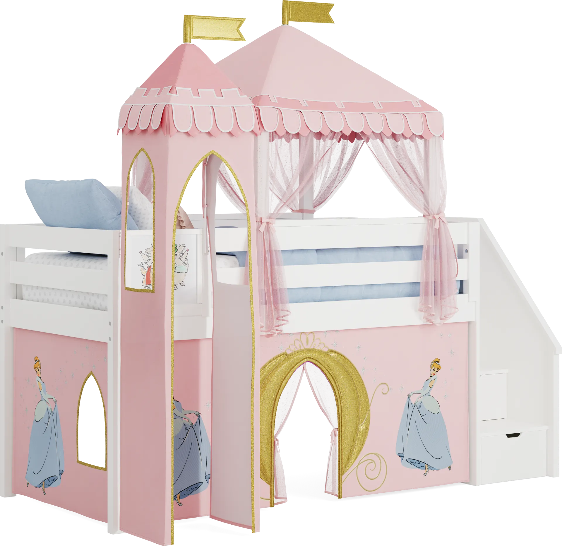 Disney Princess White Twin Low Step Loft with Activity Panel, Tent & Tower - Image 1