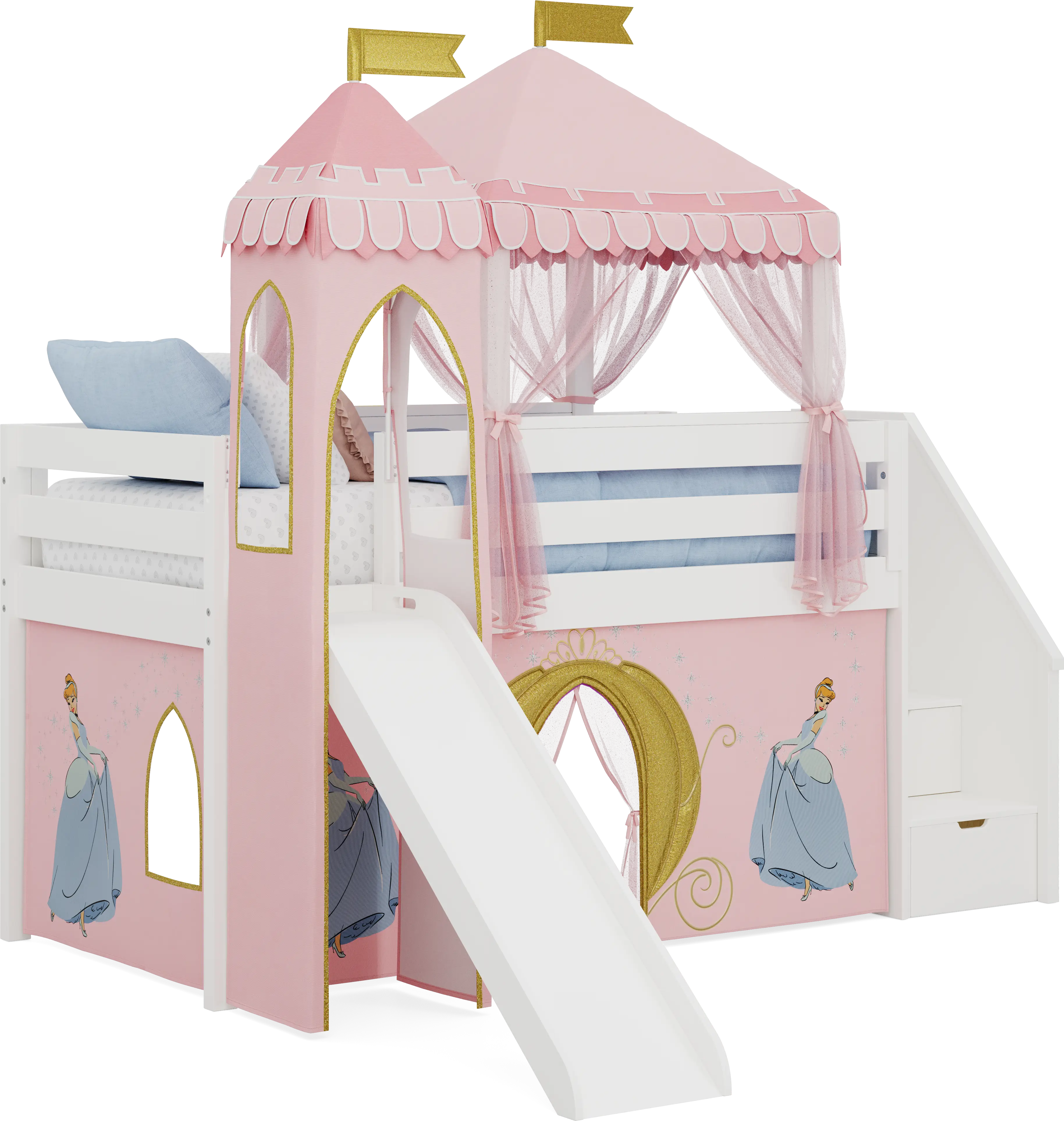 Disney Princess White Twin Low Step Loft with Slide, Tent & Tower - Thumbnail - Image 1