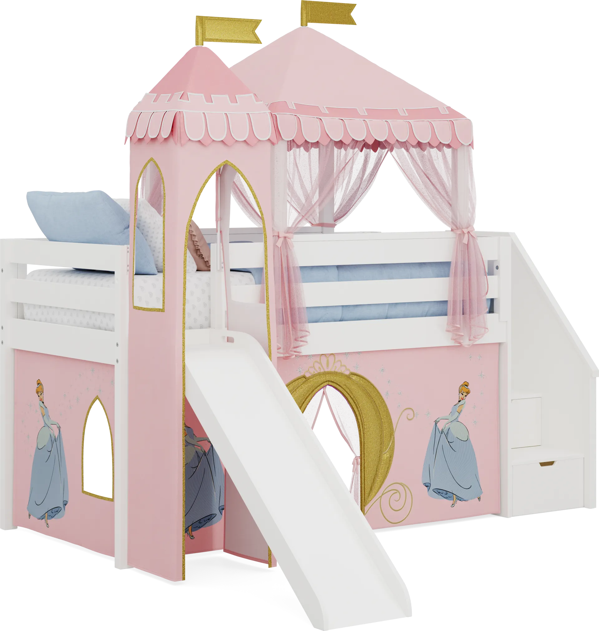 Disney Princess White Twin Low Step Loft with Slide, Tent & Tower - Image 1