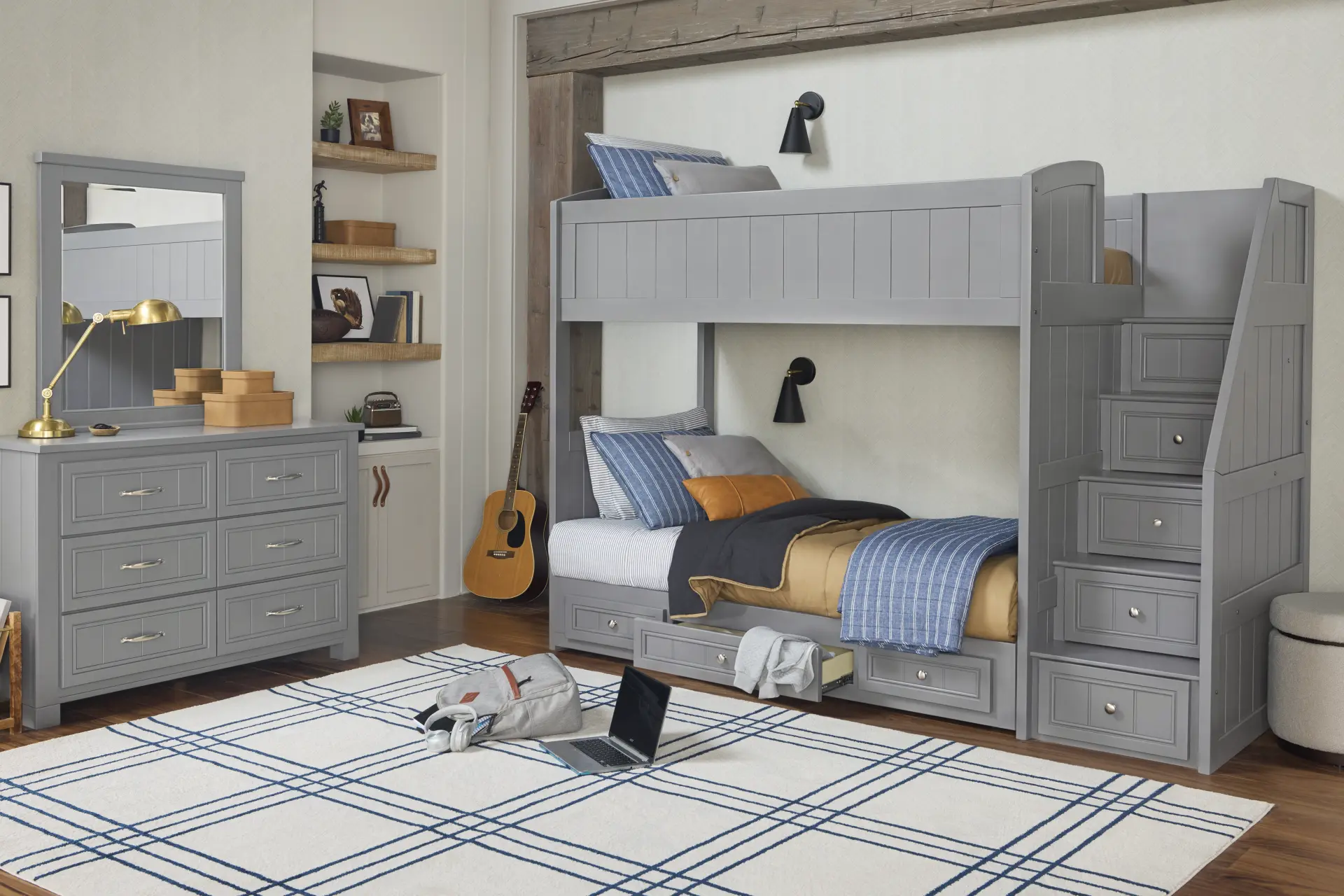 Kids Cottage Colors 2.0 Gray Twin/Twin Step Bunk Bed