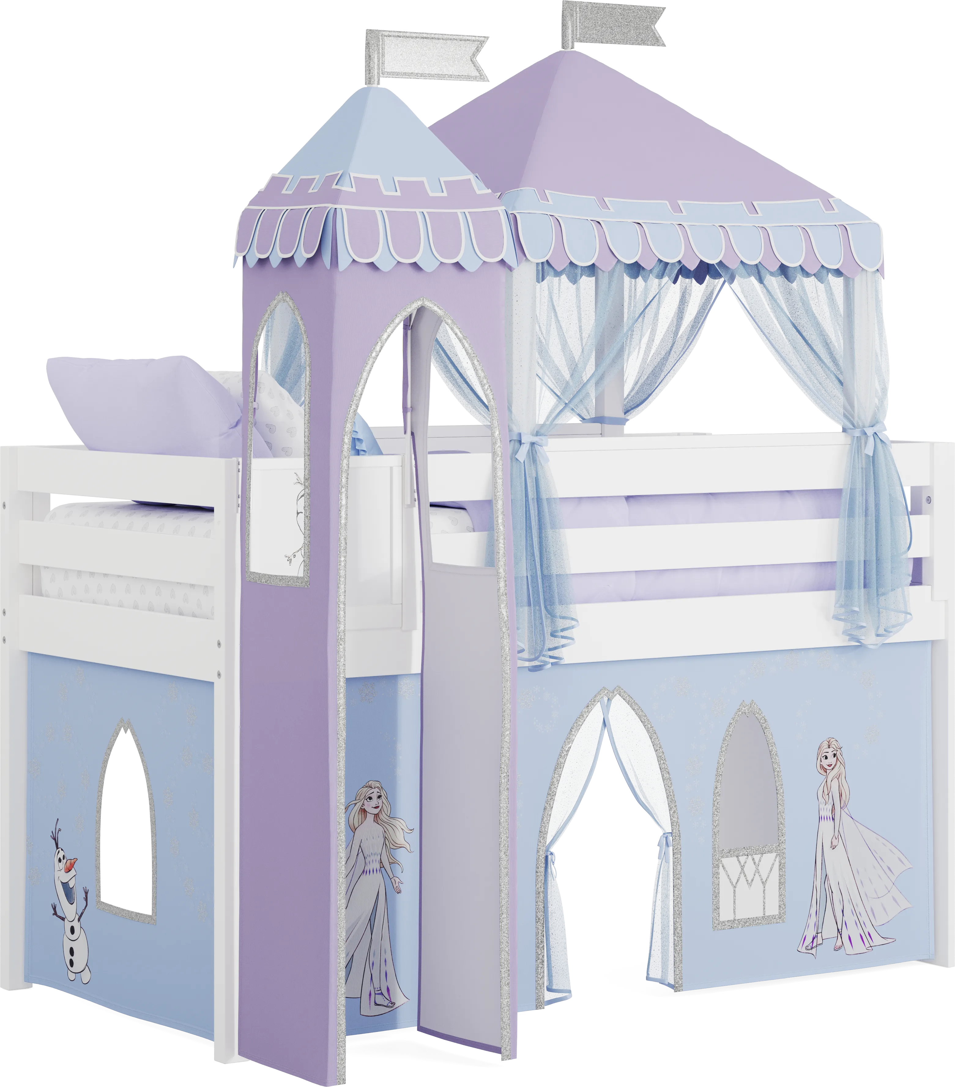 Frozen White Twin Low Loft with Activity Panel, Tent & Tower - Thumbnail - Image 1