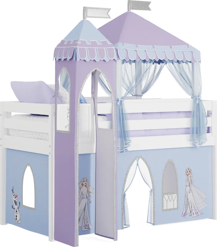 Frozen White Twin Low Loft with Activity Panel, Tent & Tower